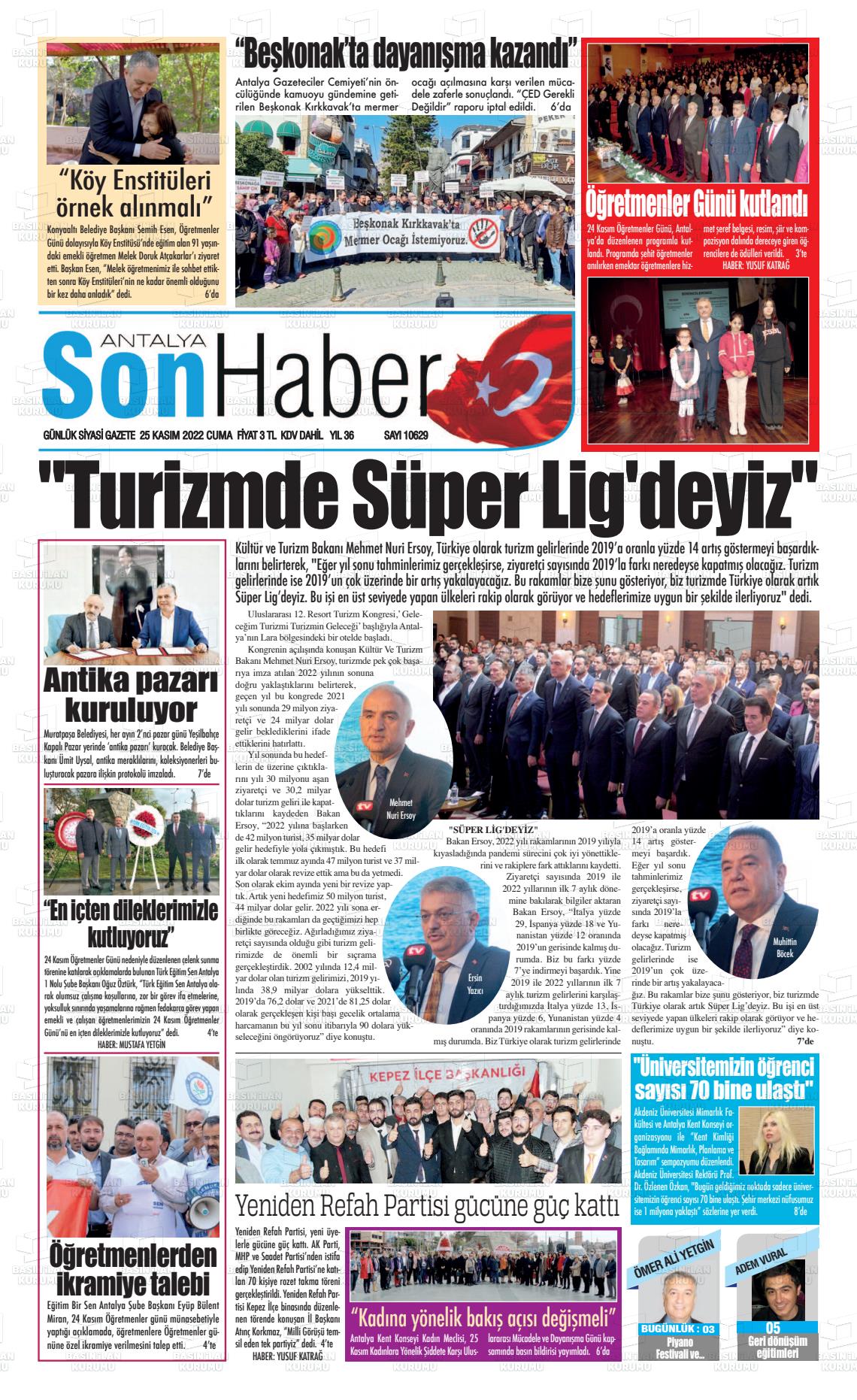 25 Kasım 2022 Antalya Son Haber Gazete Manşeti