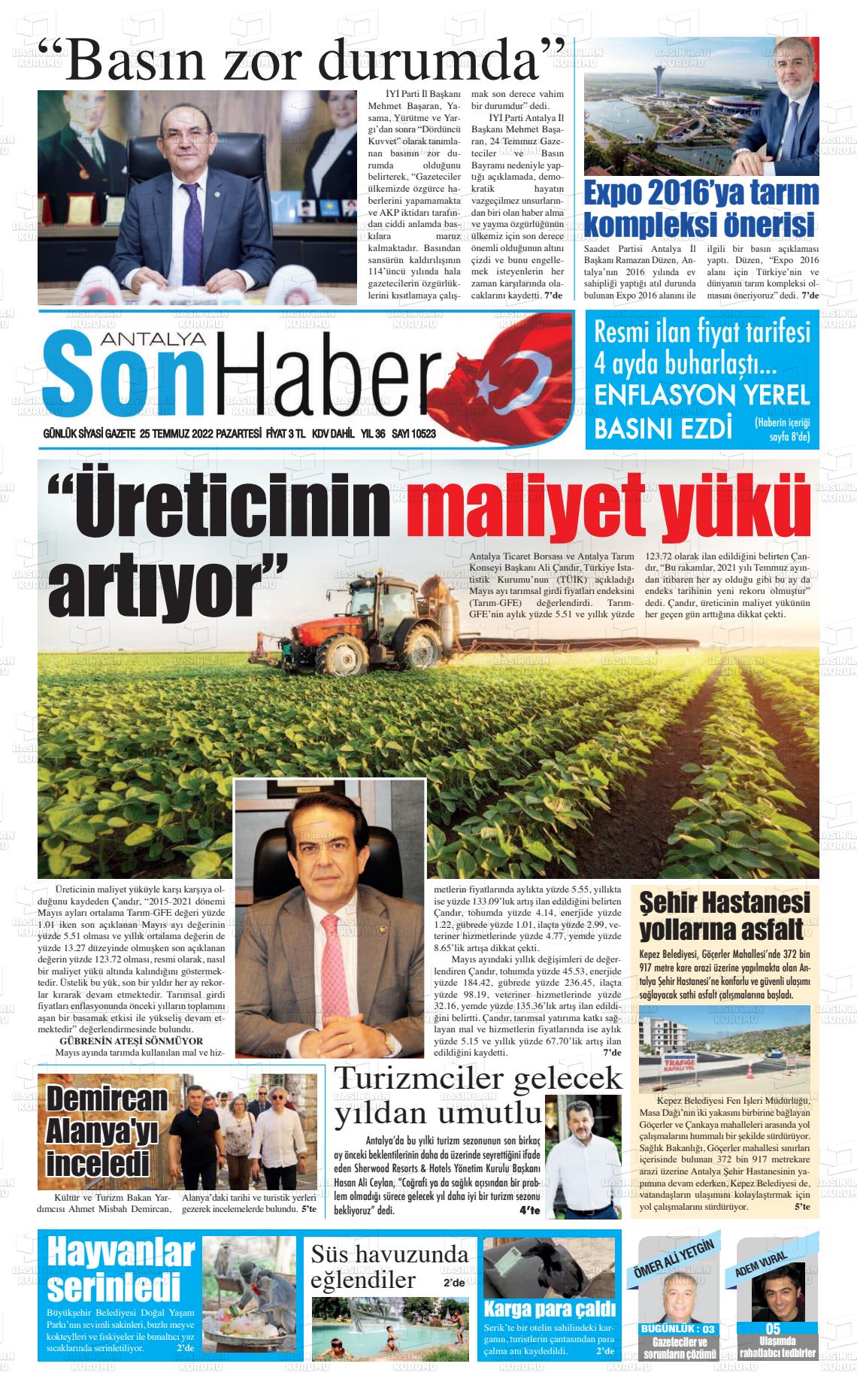 25 Temmuz 2022 Antalya Son Haber Gazete Manşeti