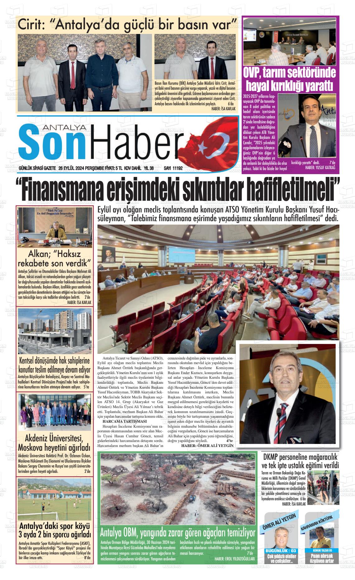 26 Eylül 2024 Antalya Son Haber Gazete Manşeti