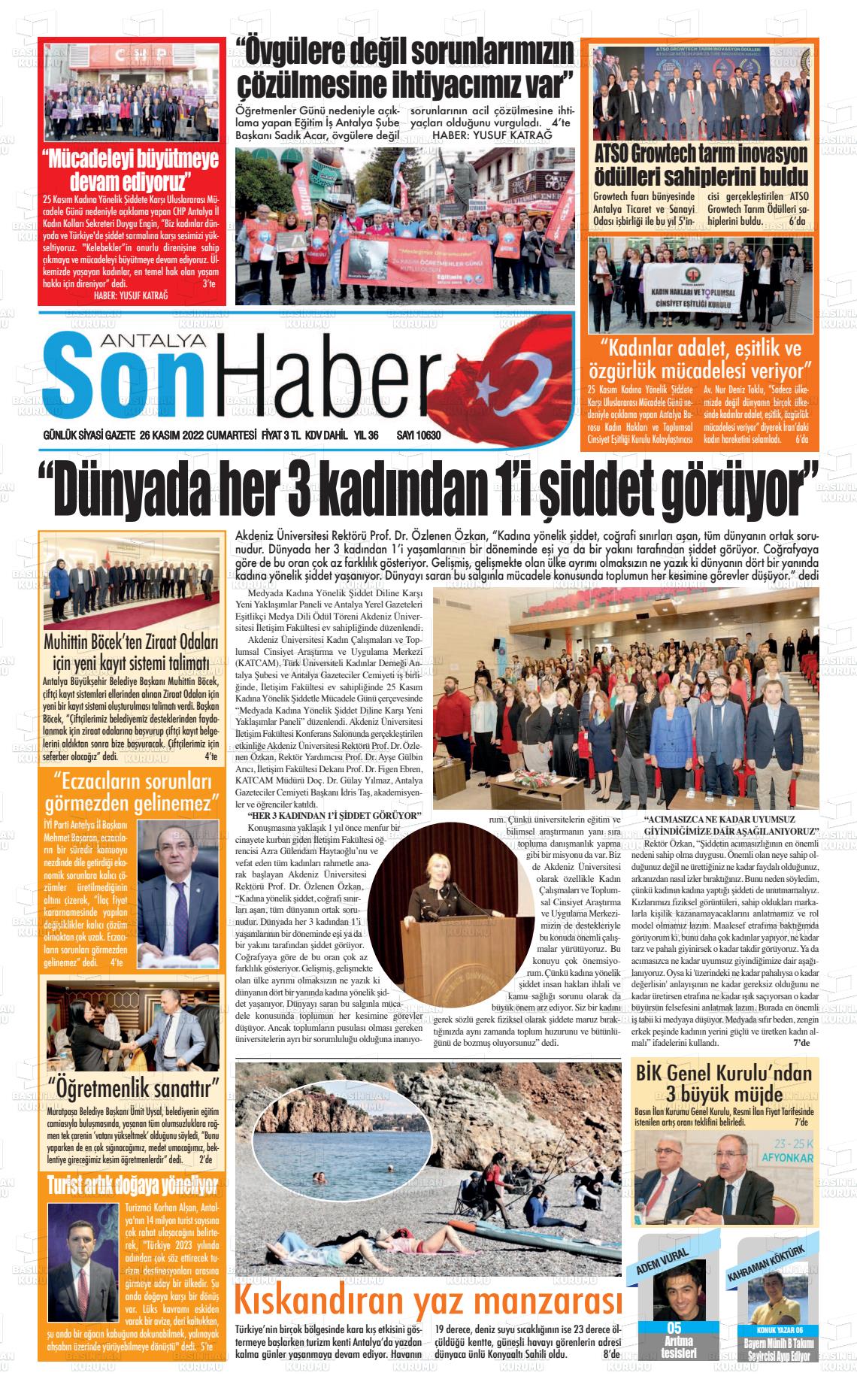 26 Kasım 2022 Antalya Son Haber Gazete Manşeti