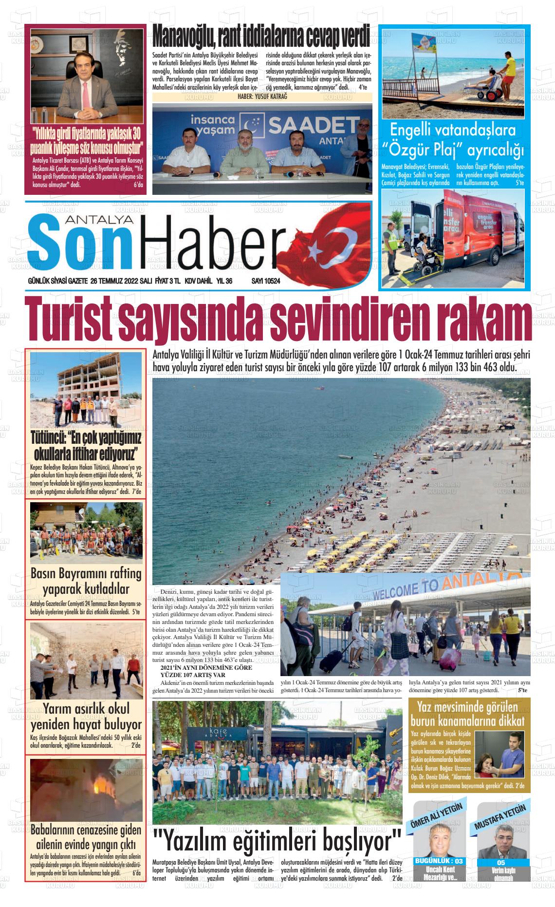 26 Temmuz 2022 Antalya Son Haber Gazete Manşeti