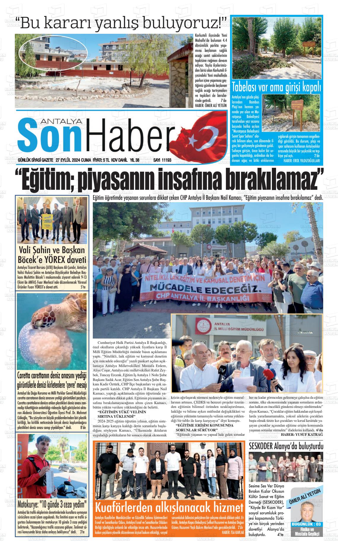 27 Eylül 2024 Antalya Son Haber Gazete Manşeti