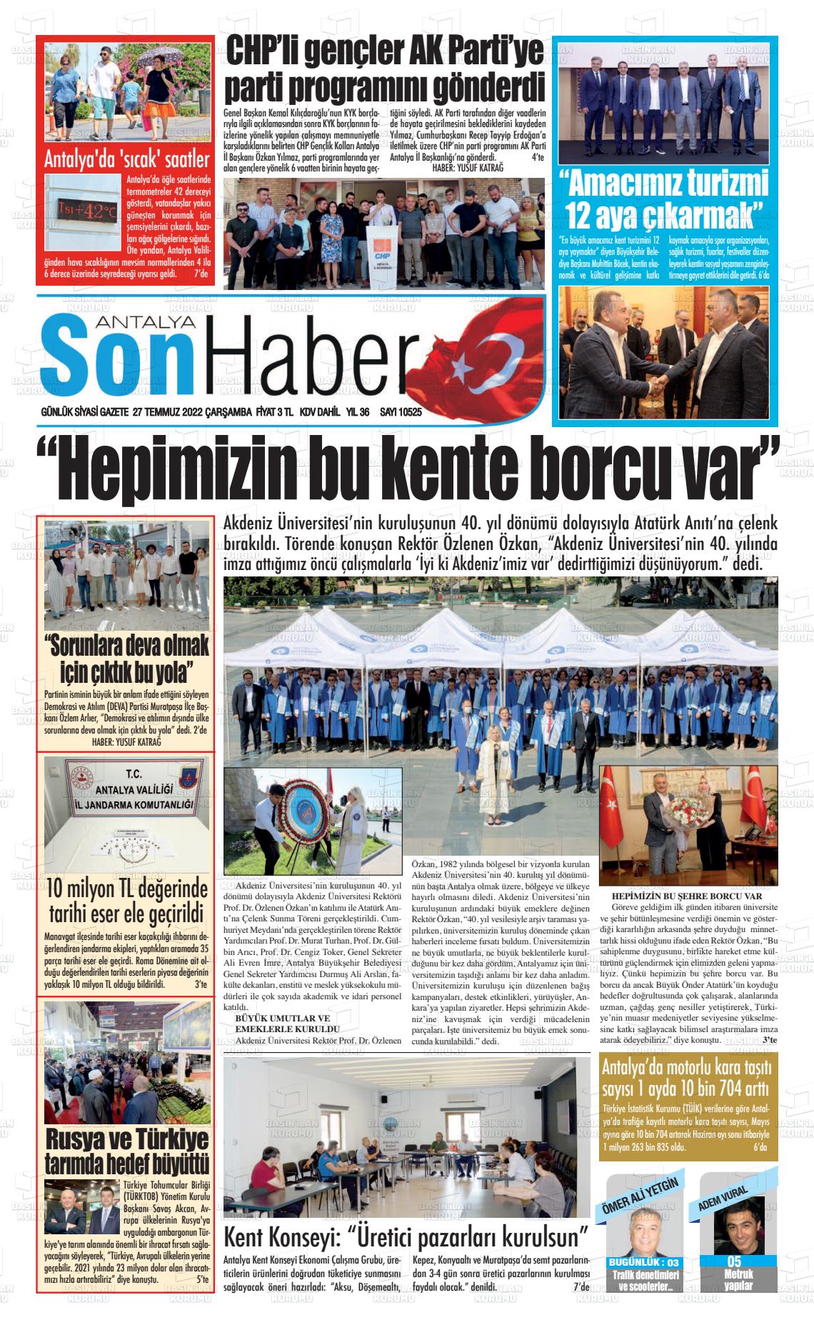 27 Temmuz 2022 Antalya Son Haber Gazete Manşeti