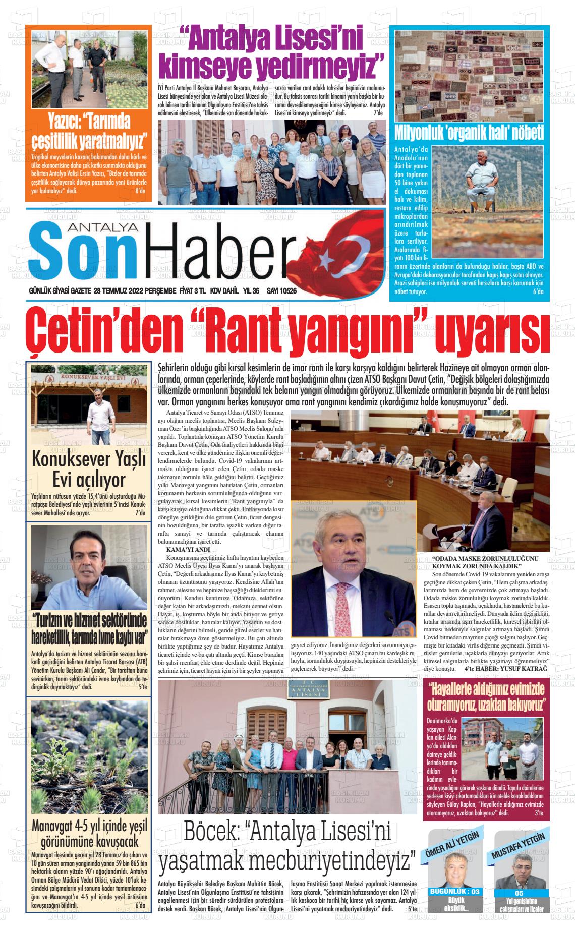 28 Temmuz 2022 Antalya Son Haber Gazete Manşeti