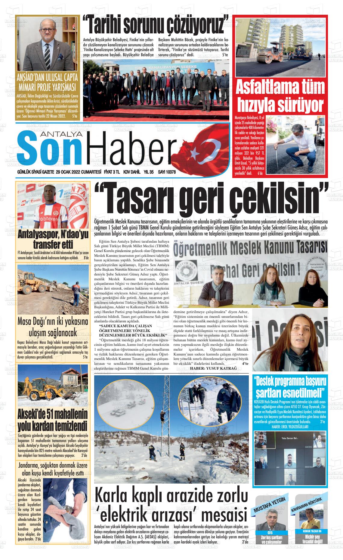 29 Ocak 2022 Antalya Son Haber Gazete Manşeti