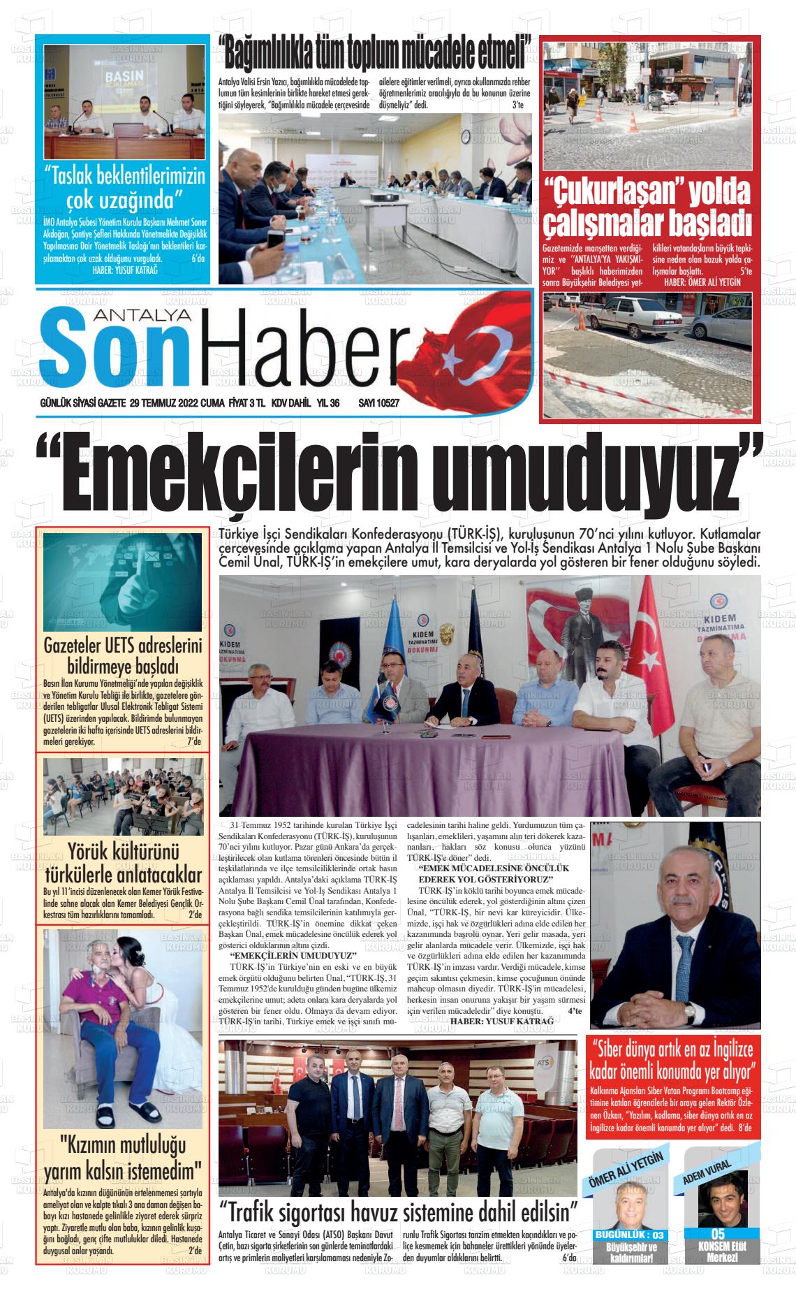 29 Temmuz 2022 Antalya Son Haber Gazete Manşeti