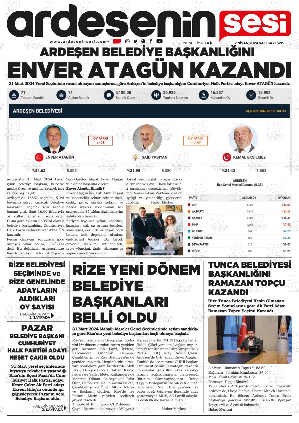 02 Nisan 2024 Ardeşenin Sesi Gazete Manşeti