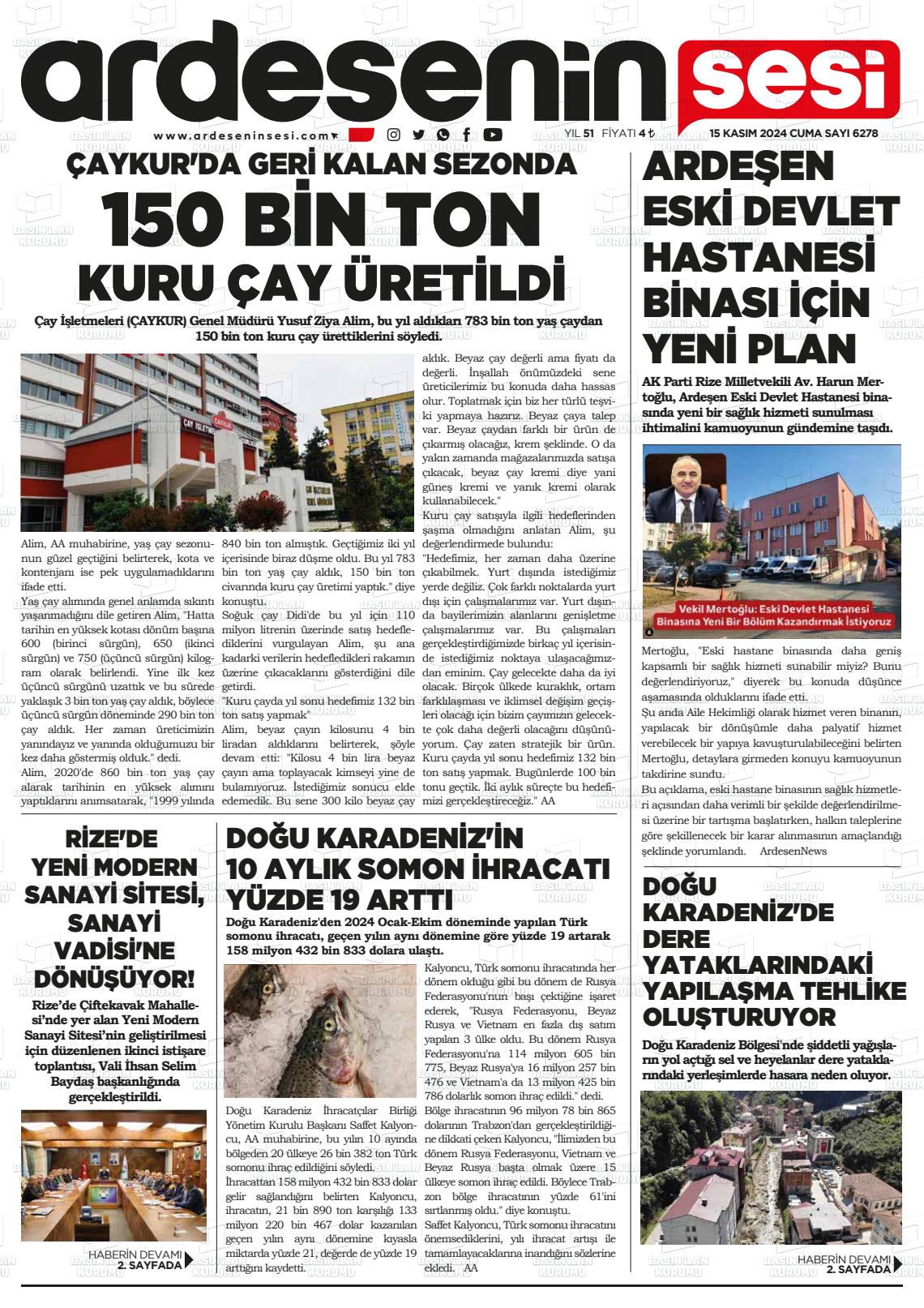 15 Kasım 2024 Ardeşenin Sesi Gazete Manşeti