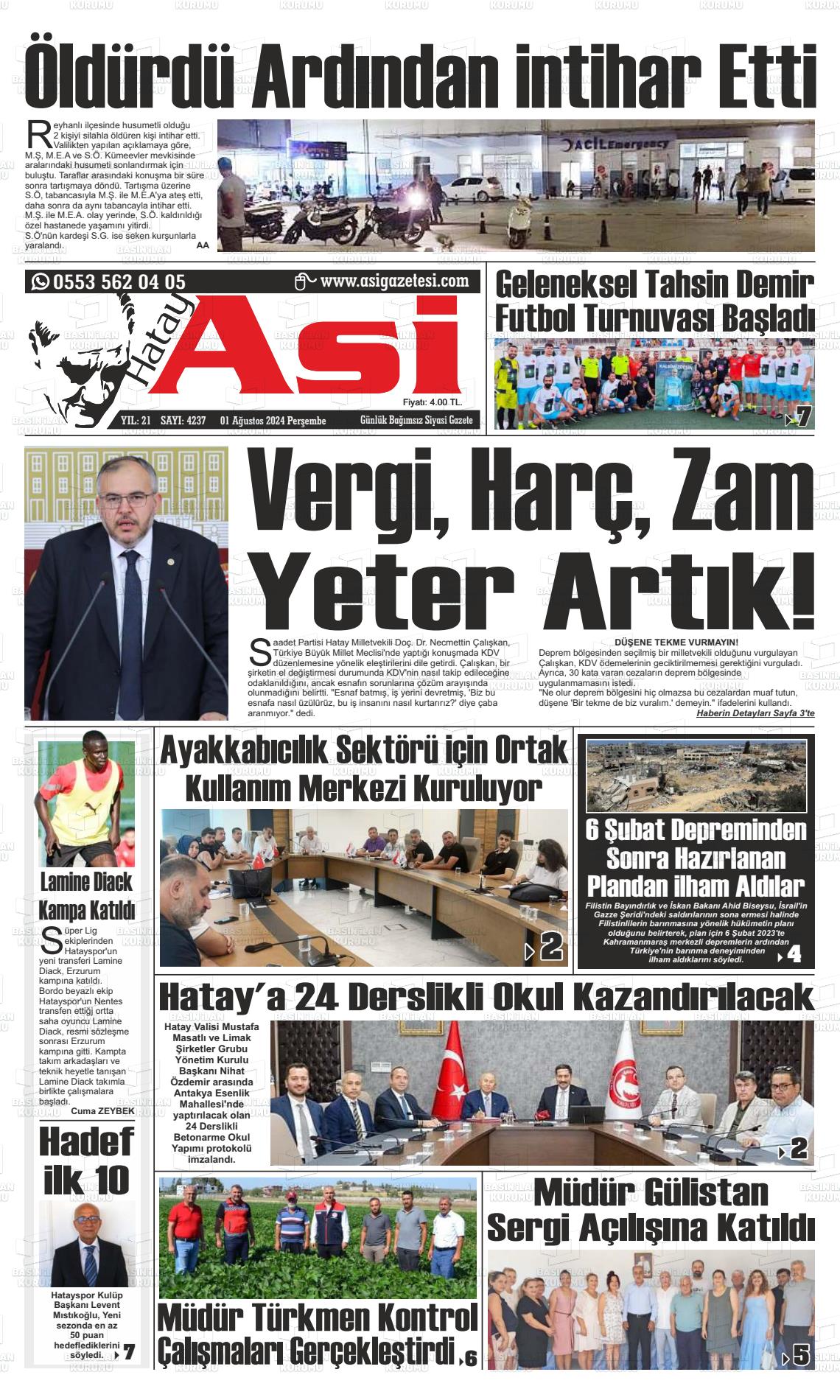 01 Ağustos 2024 Asi  Hatay Asi Gazete Manşeti