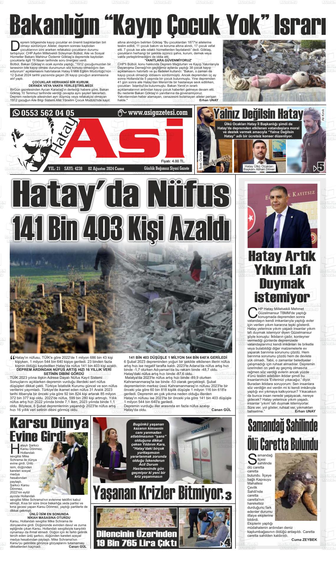 02 Ağustos 2024 Asi  Hatay Asi Gazete Manşeti