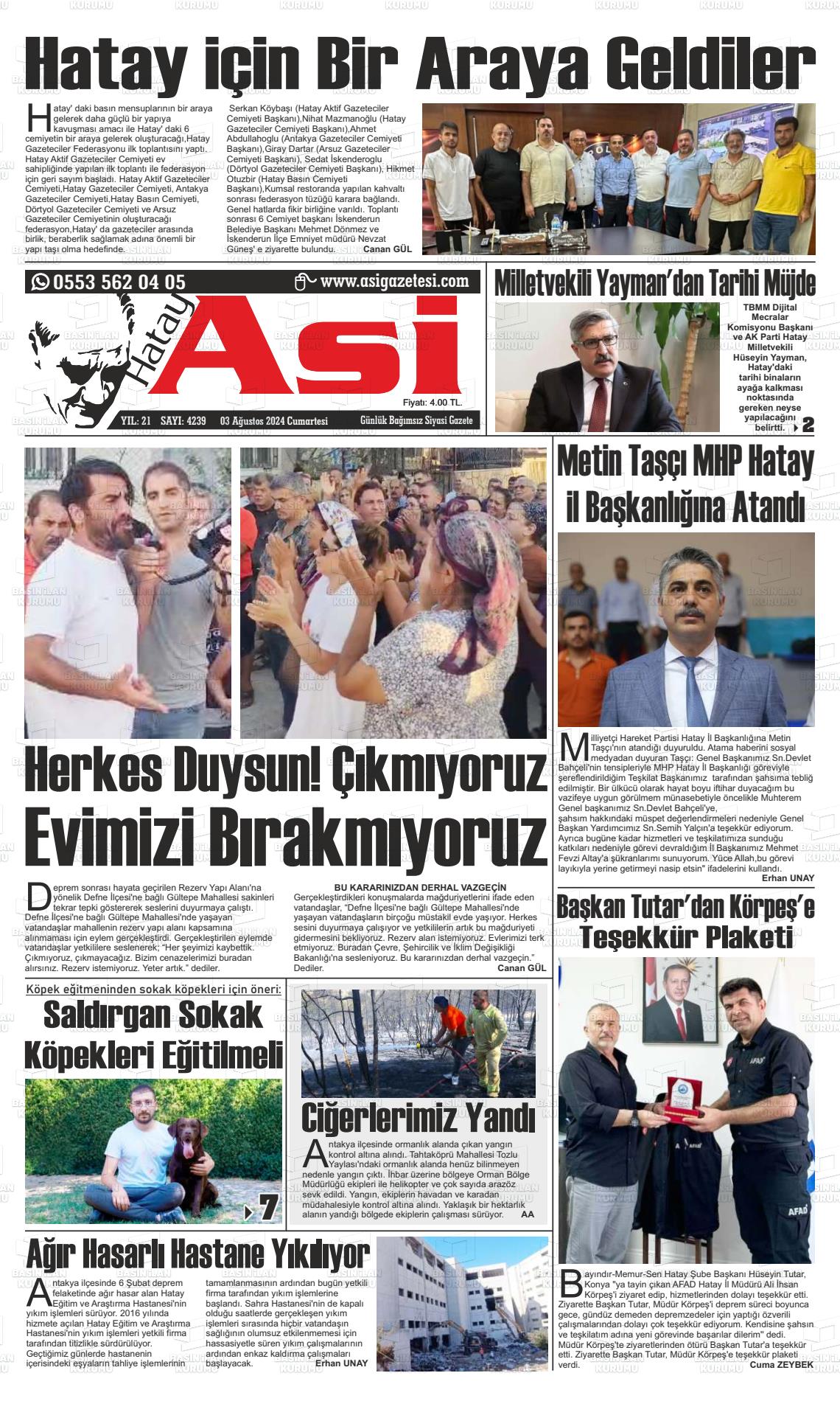 03 Ağustos 2024 Asi  Hatay Asi Gazete Manşeti