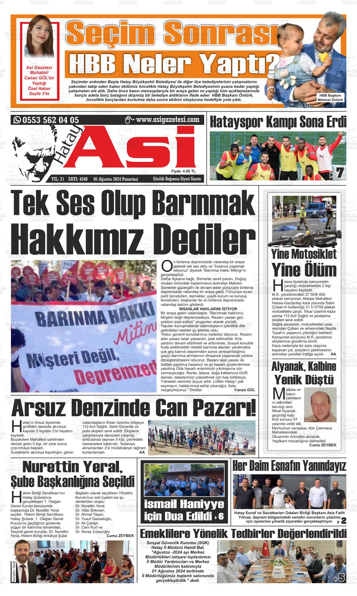 05 Ağustos 2024 Asi  Hatay Asi Gazete Manşeti