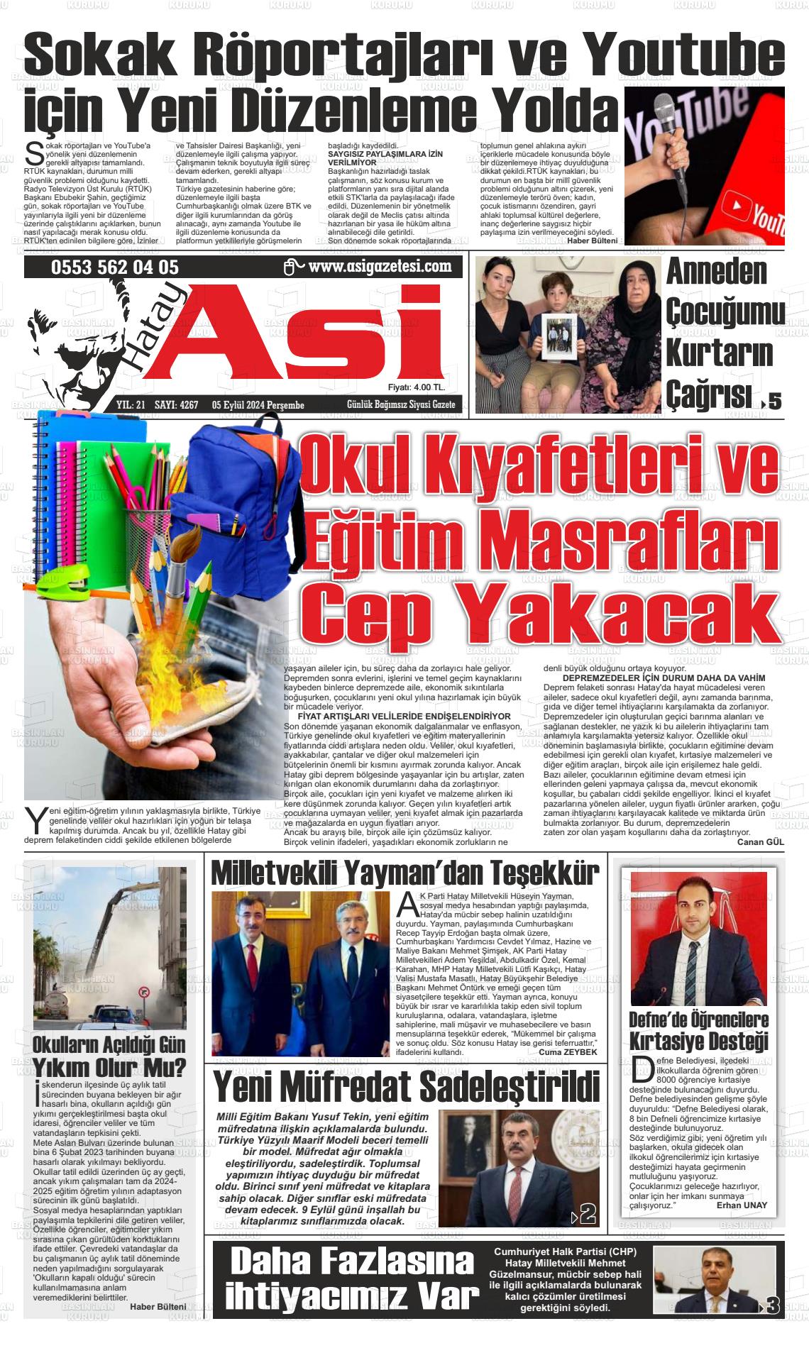 05 Eylül 2024 Asi  Hatay Asi Gazete Manşeti