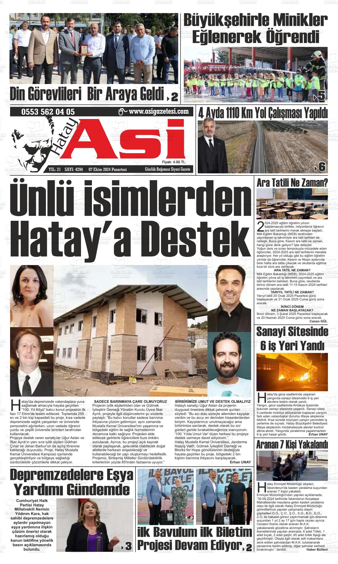 07 Ekim 2024 Asi  Hatay Asi Gazete Manşeti