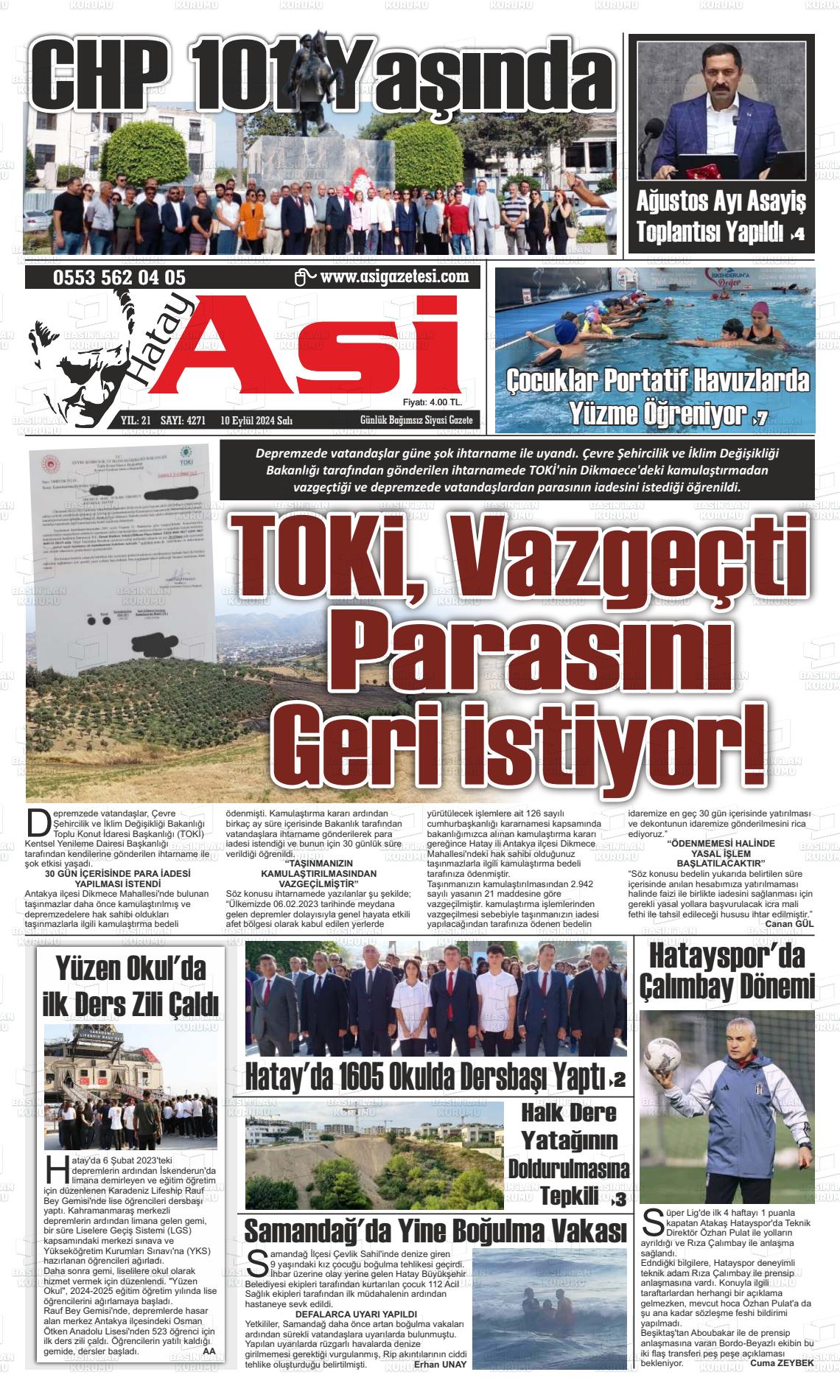 10 Eylül 2024 Asi  Hatay Asi Gazete Manşeti