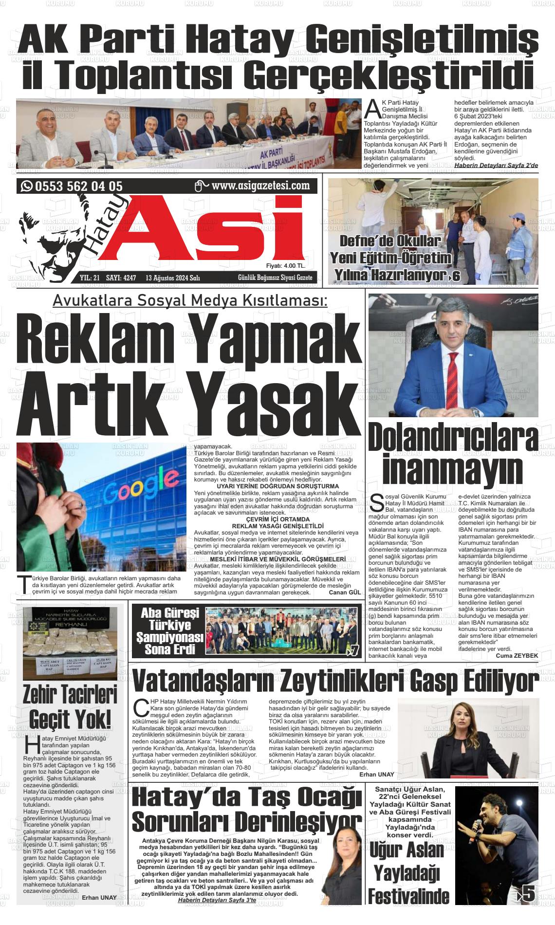 13 Ağustos 2024 Asi  Hatay Asi Gazete Manşeti