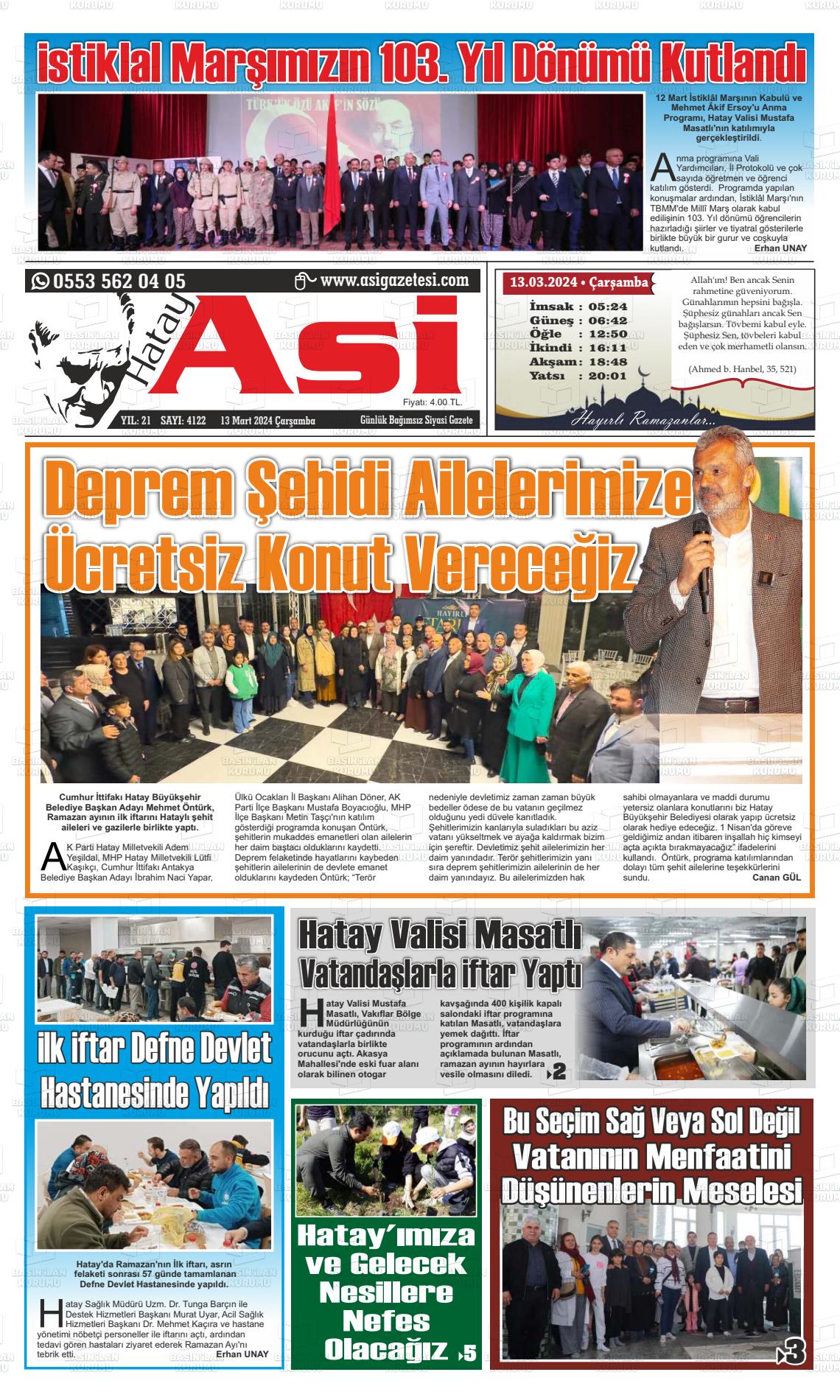 13 Mart 2024 Asi  Hatay Asi Gazete Manşeti