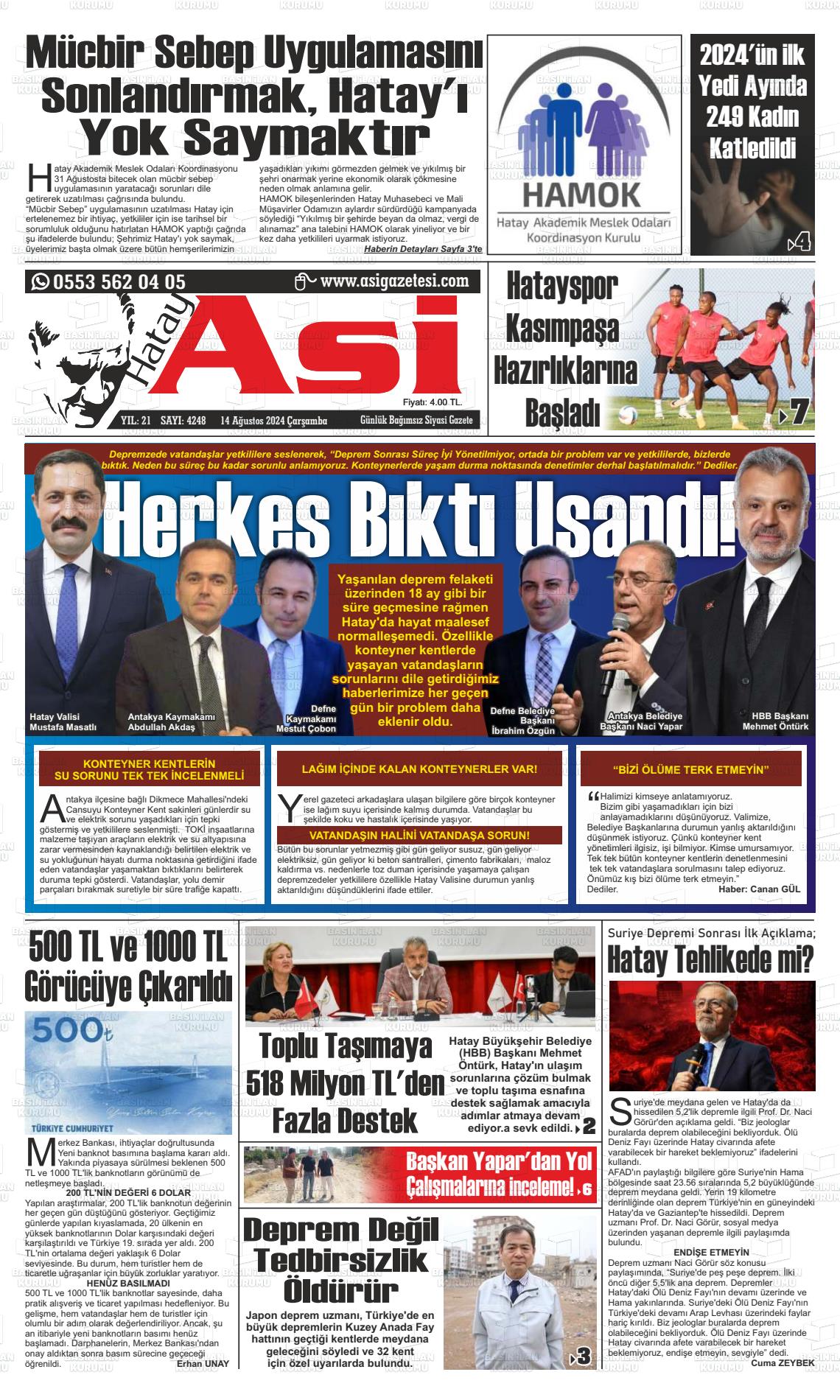 14 Ağustos 2024 Asi  Hatay Asi Gazete Manşeti