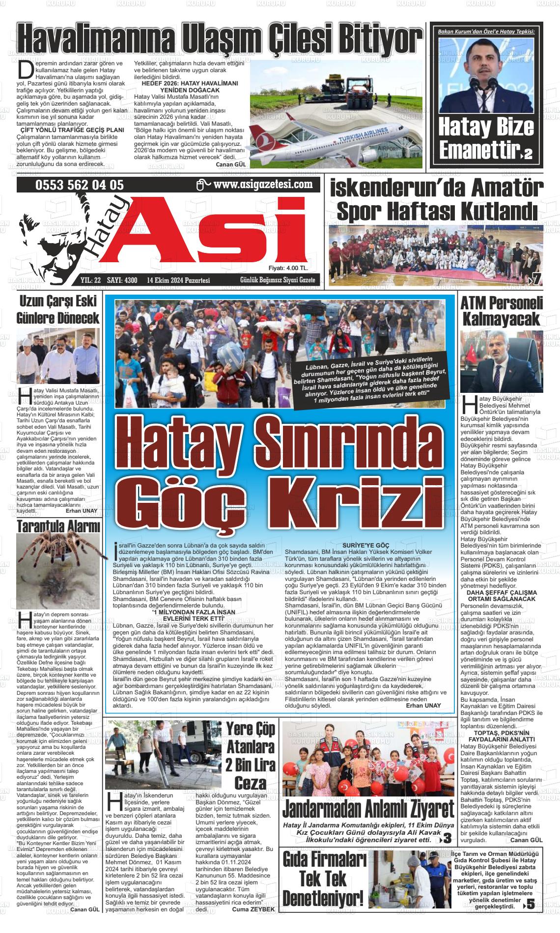 14 Ekim 2024 Asi  Hatay Asi Gazete Manşeti