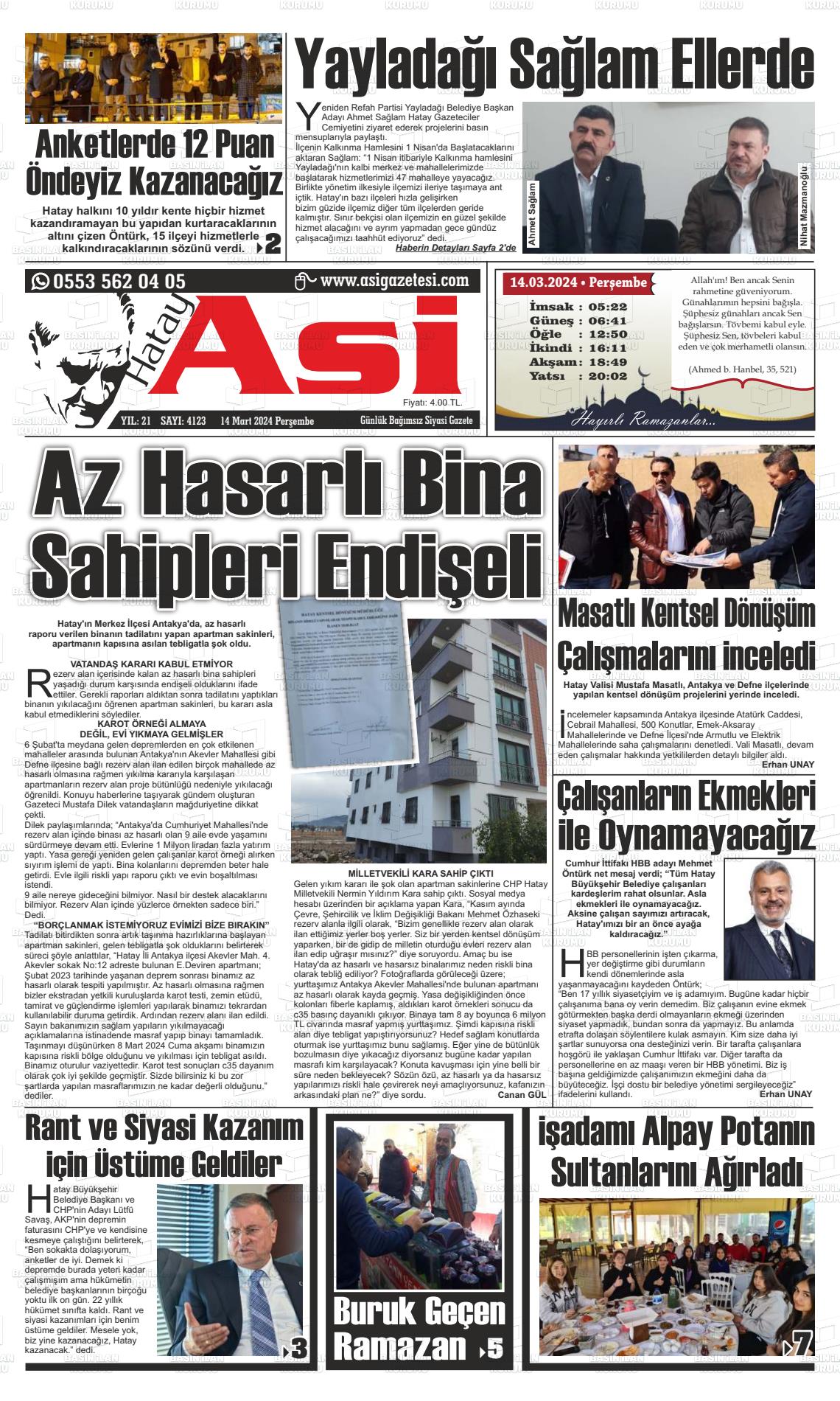 14 Mart 2024 Asi  Hatay Asi Gazete Manşeti