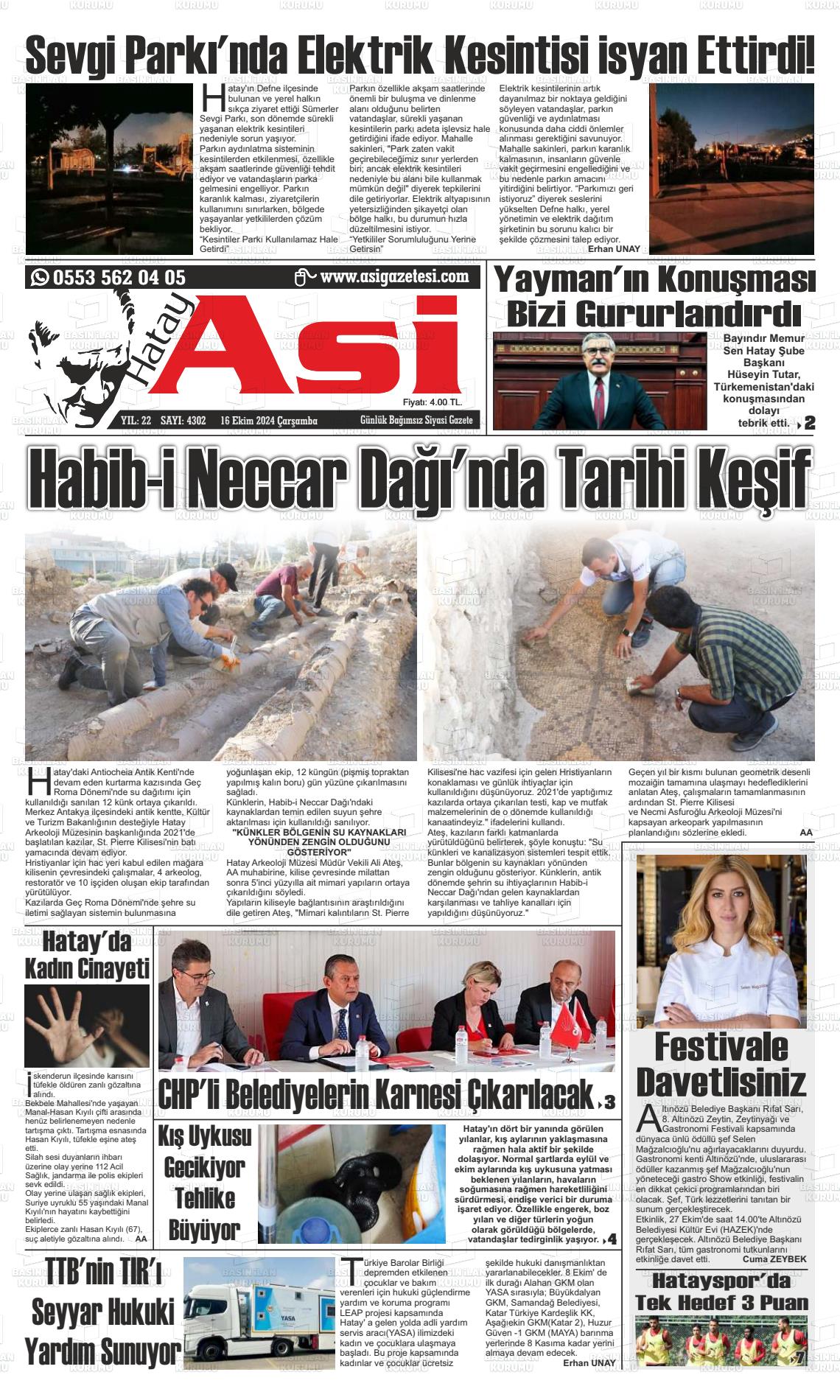 16 Ekim 2024 Asi  Hatay Asi Gazete Manşeti