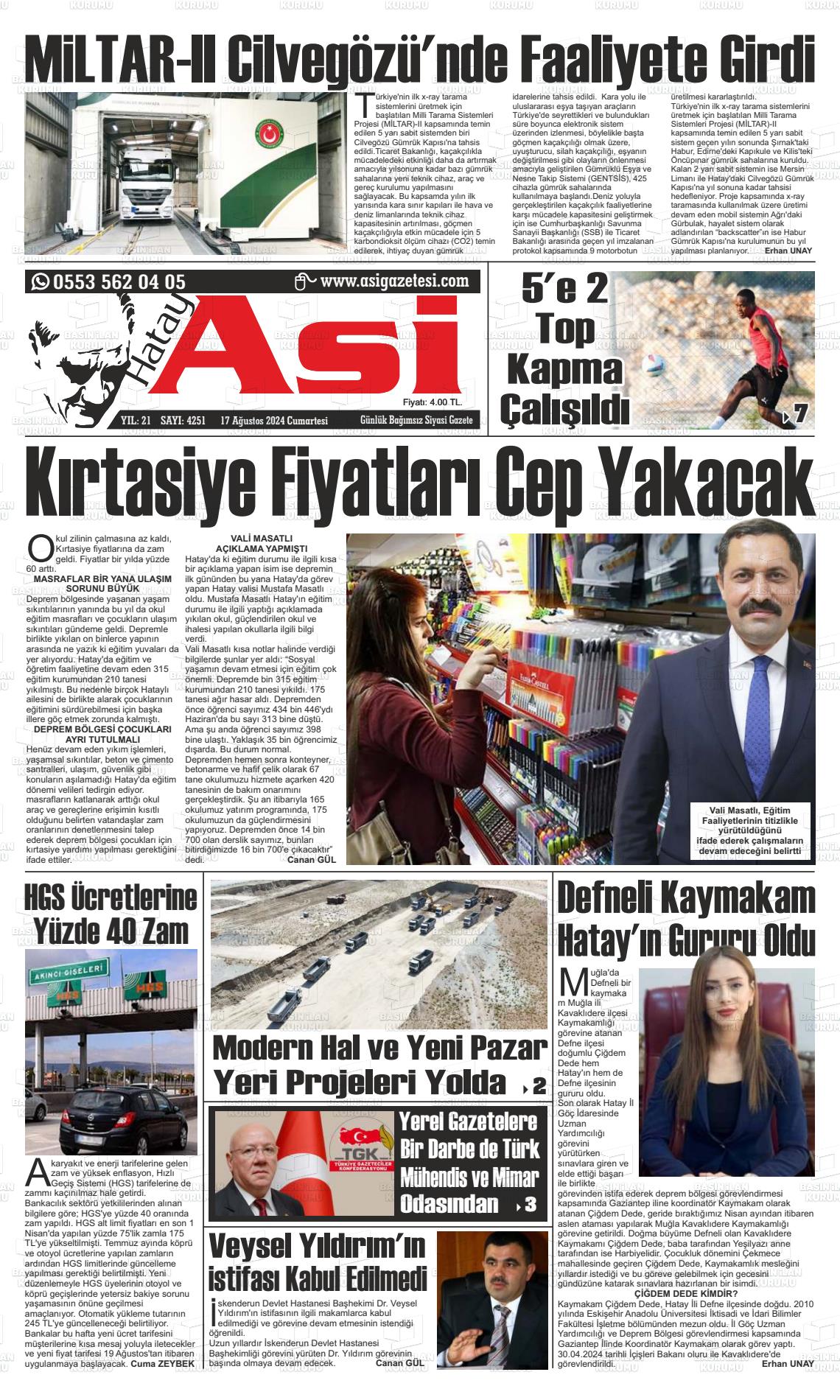 17 Ağustos 2024 Asi  Hatay Asi Gazete Manşeti