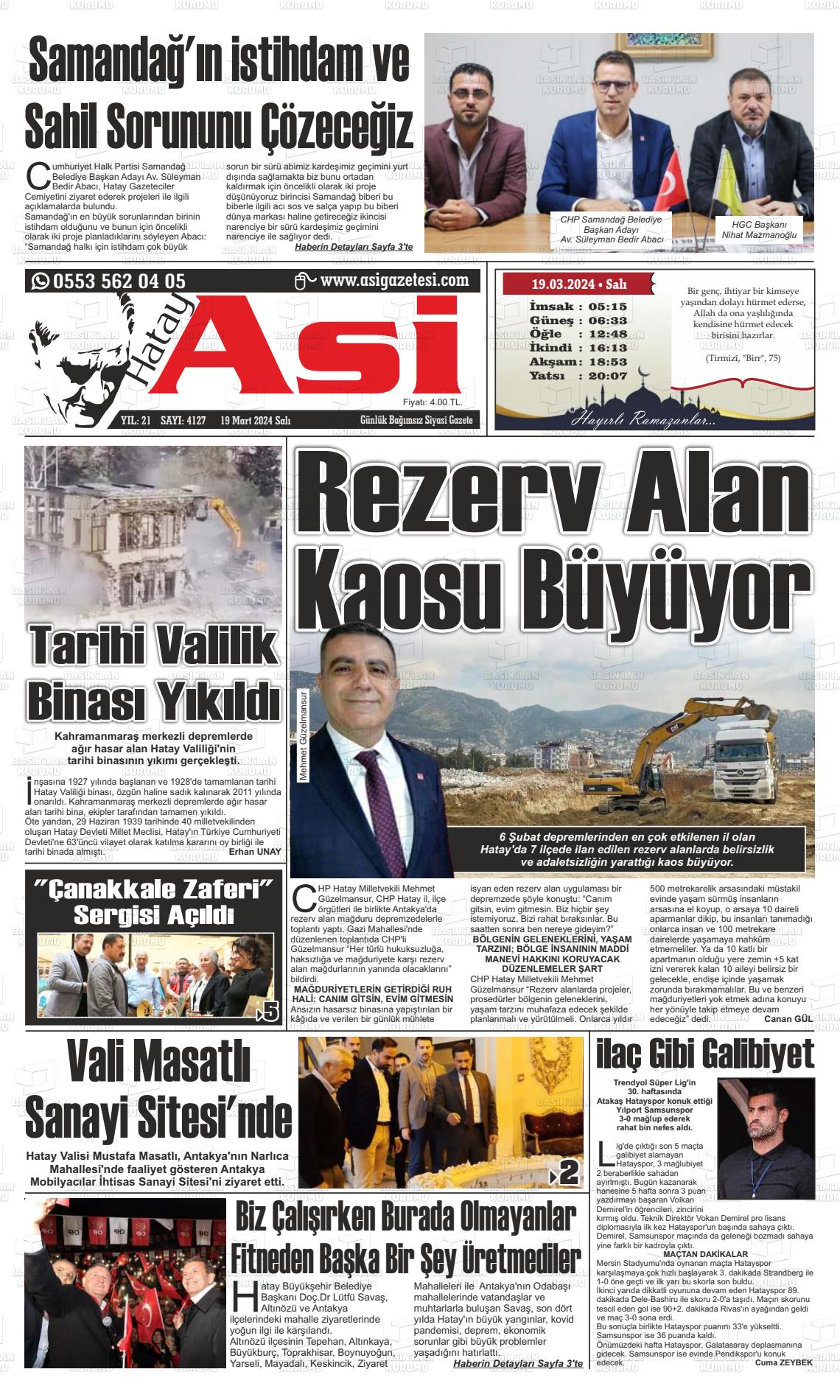 19 Mart 2024 Asi  Hatay Asi Gazete Manşeti