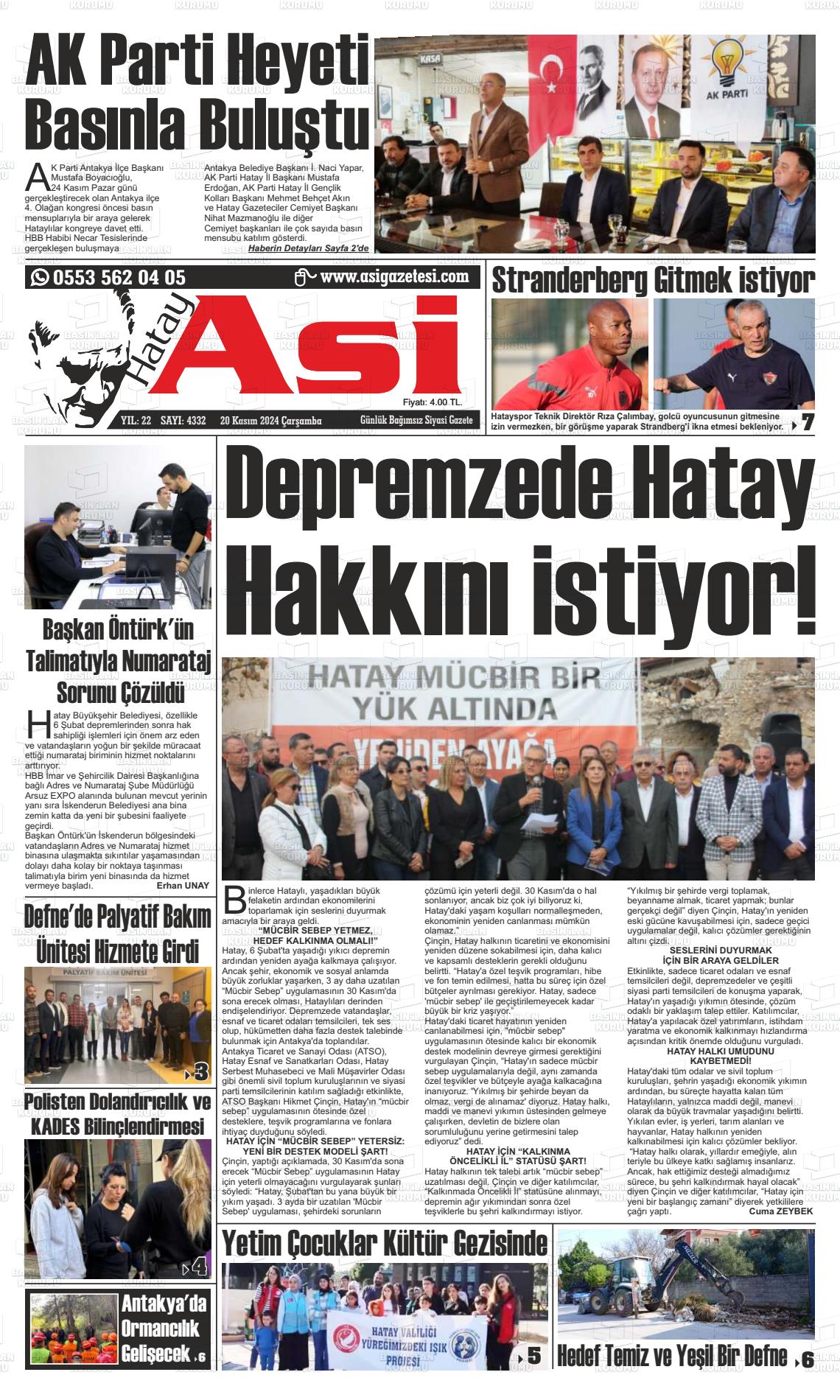 20 Kasım 2024 Asi  Hatay Asi Gazete Manşeti