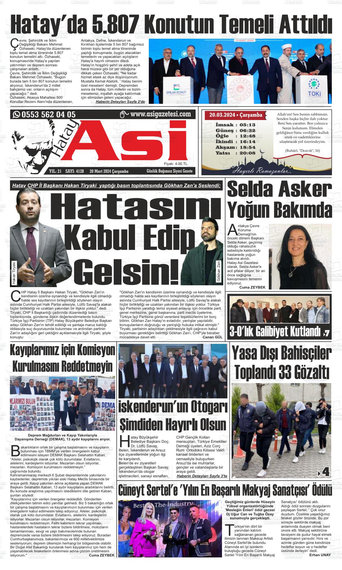 20 Mart 2024 Asi  Hatay Asi Gazete Manşeti