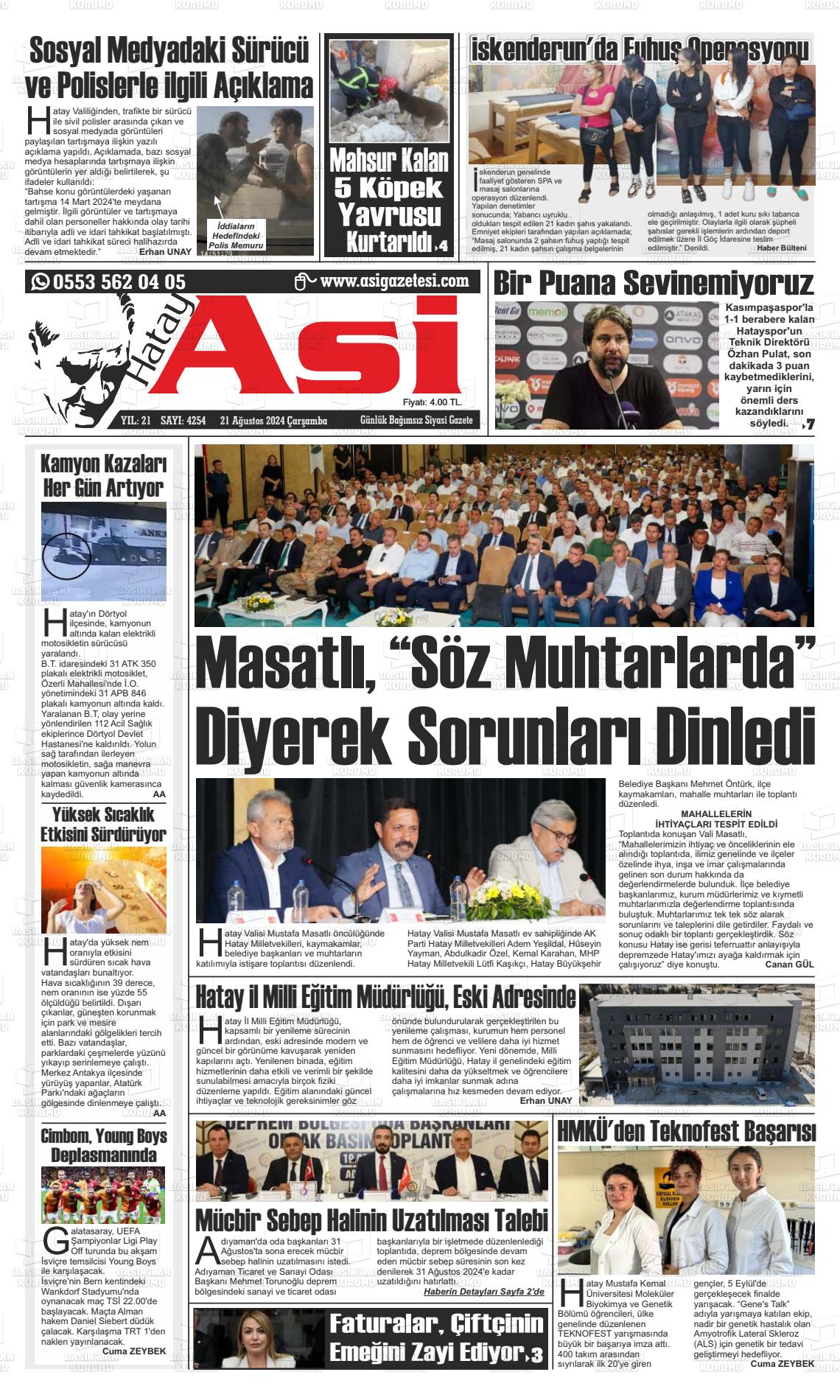 21 Ağustos 2024 Asi  Hatay Asi Gazete Manşeti