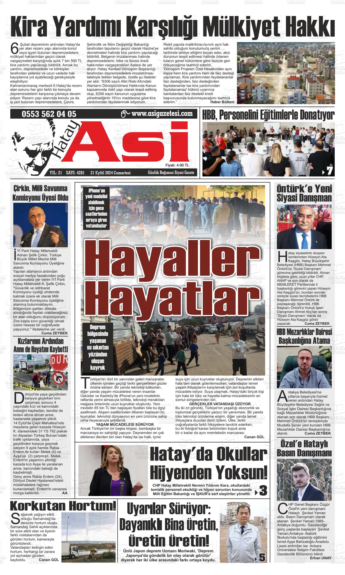 21 Eylül 2024 Asi  Hatay Asi Gazete Manşeti