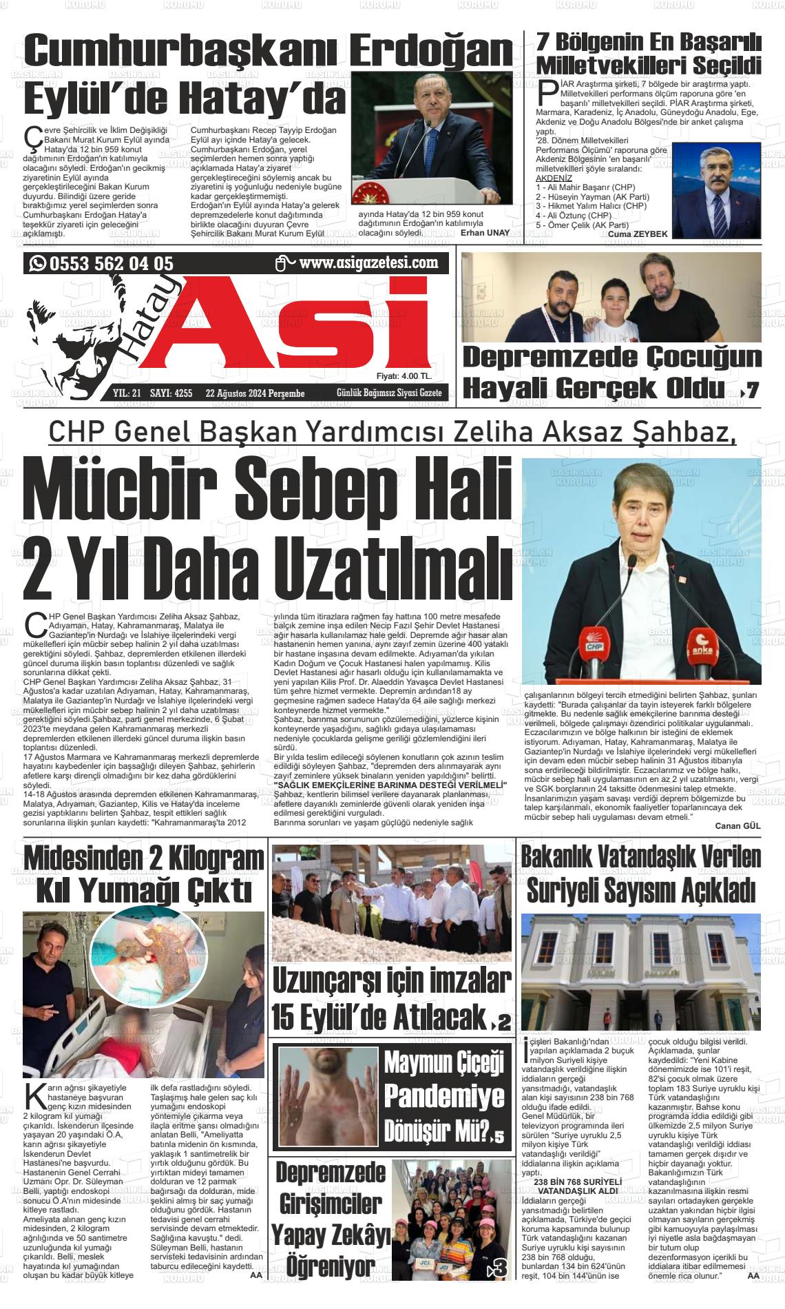 22 Ağustos 2024 Asi  Hatay Asi Gazete Manşeti