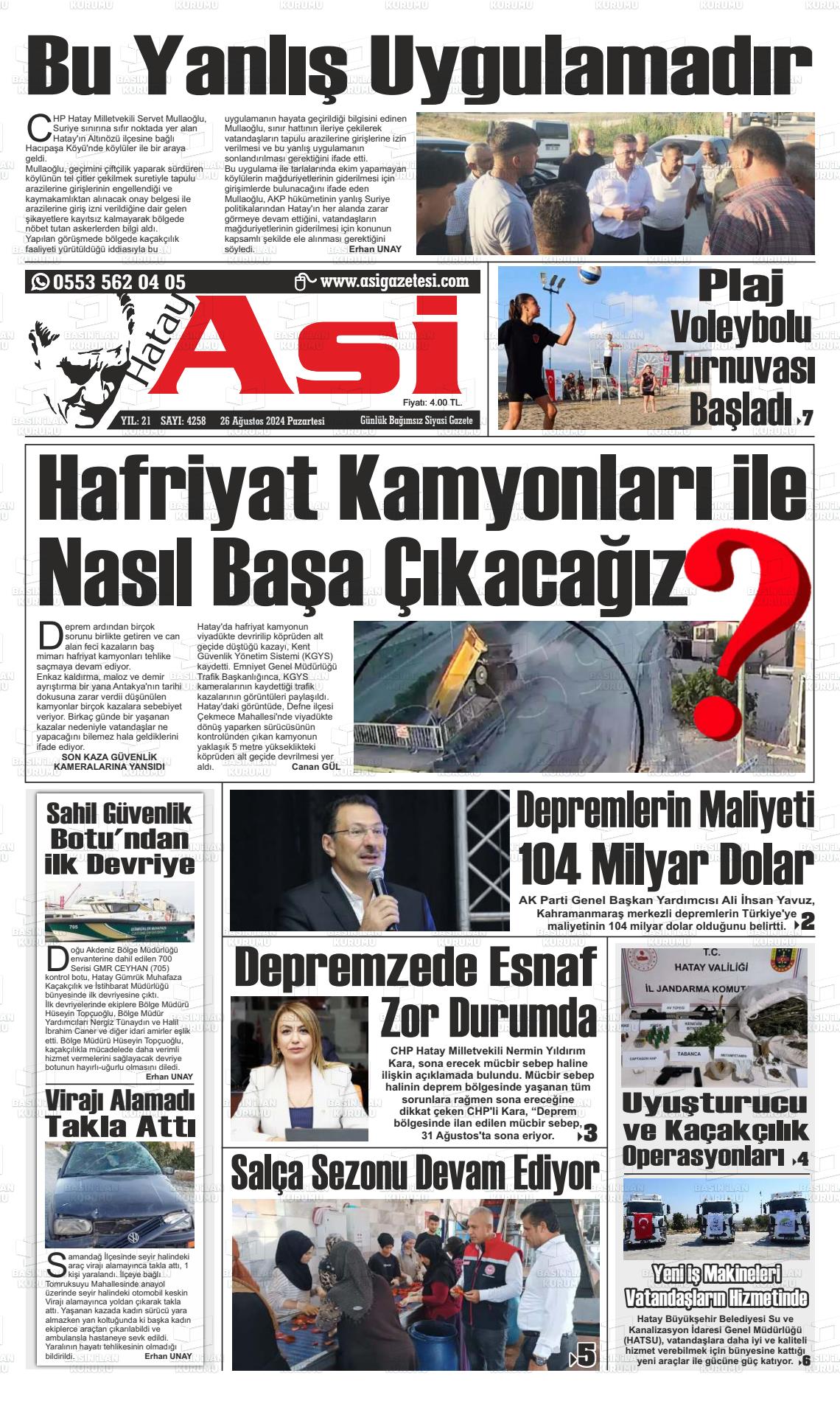 26 Ağustos 2024 Asi  Hatay Asi Gazete Manşeti