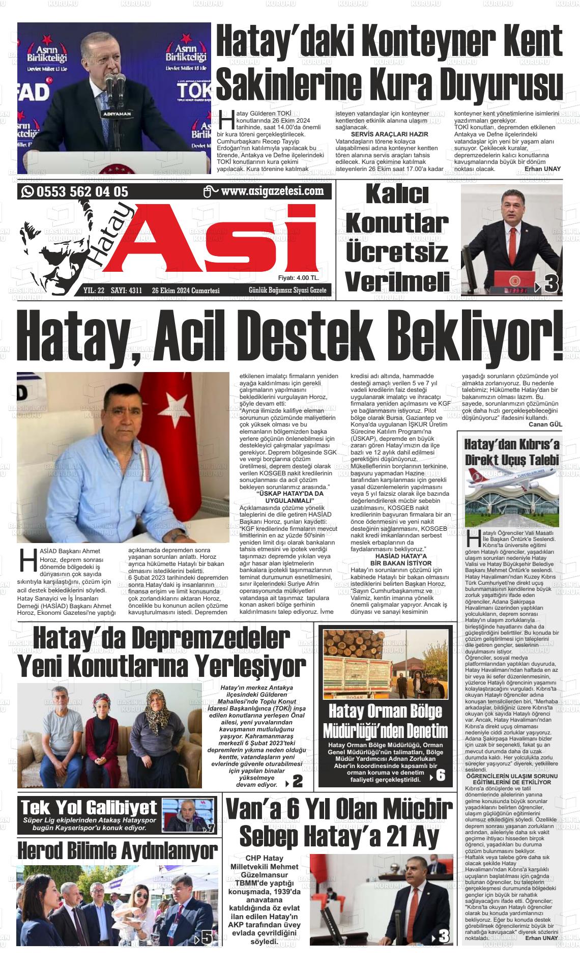 26 Ekim 2024 Asi  Hatay Asi Gazete Manşeti