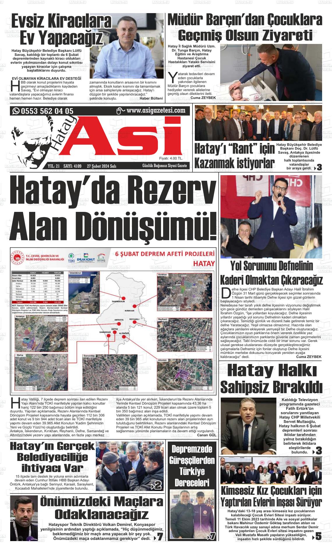 27 Şubat 2024 Asi  Hatay Asi Gazete Manşeti