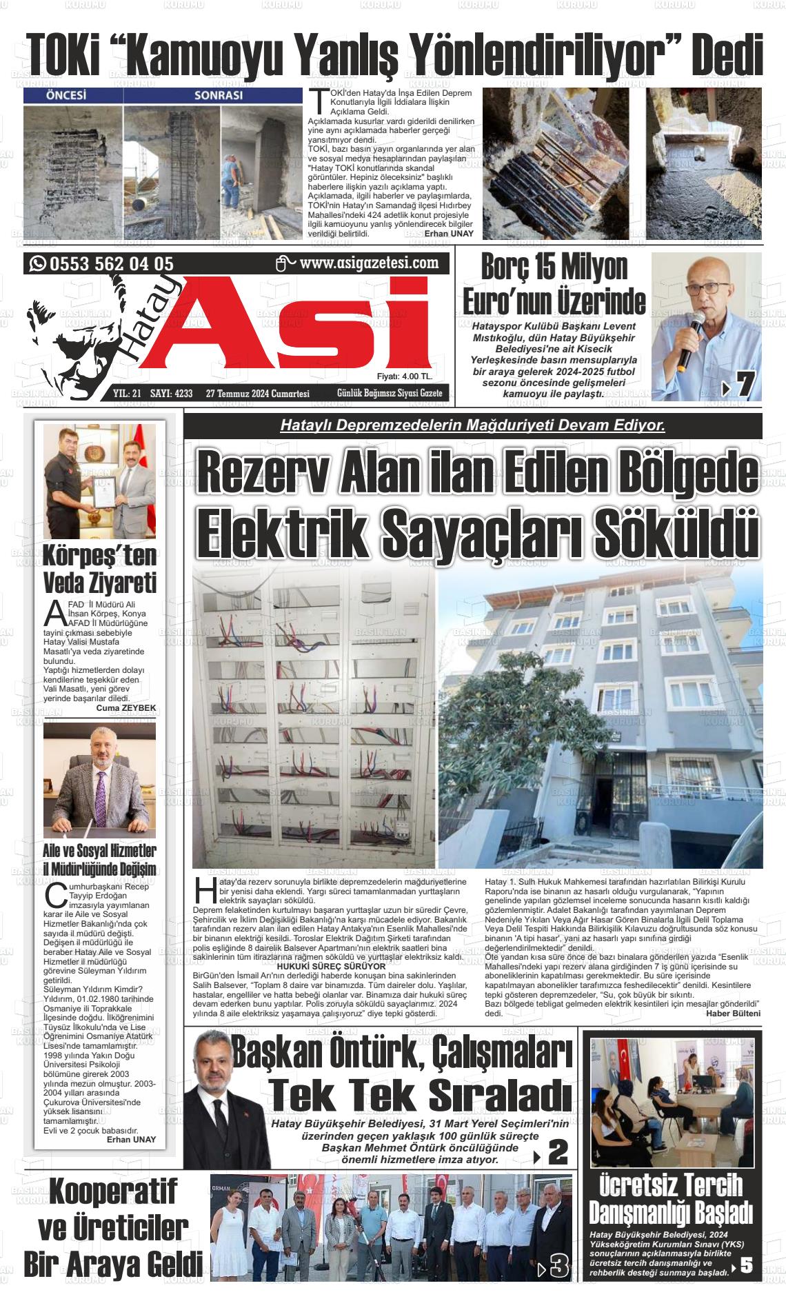 27 Temmuz 2024 Asi  Hatay Asi Gazete Manşeti