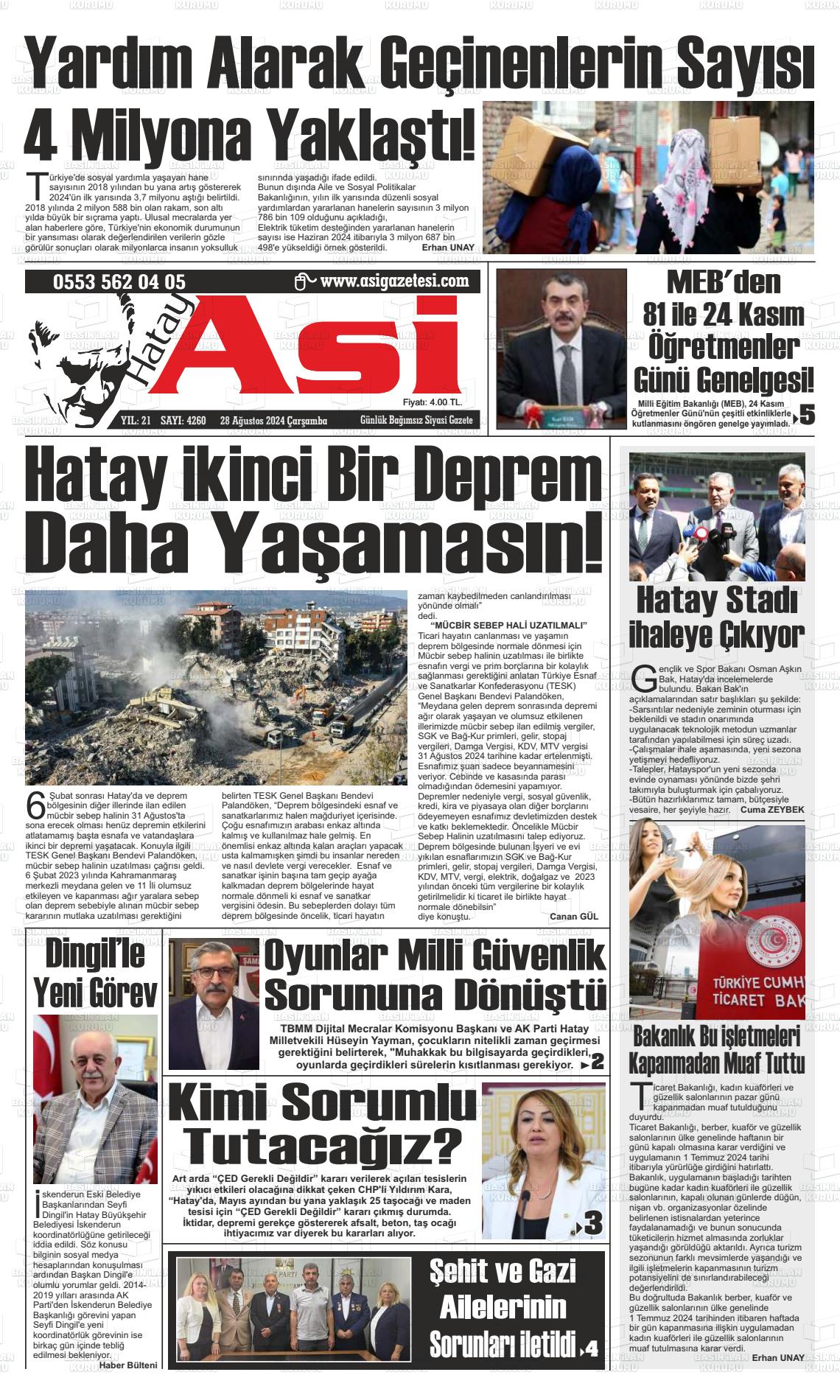 28 Ağustos 2024 Asi  Hatay Asi Gazete Manşeti