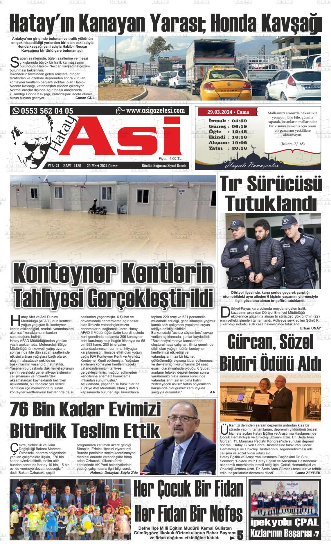 29 Mart 2024 Asi  Hatay Asi Gazete Manşeti