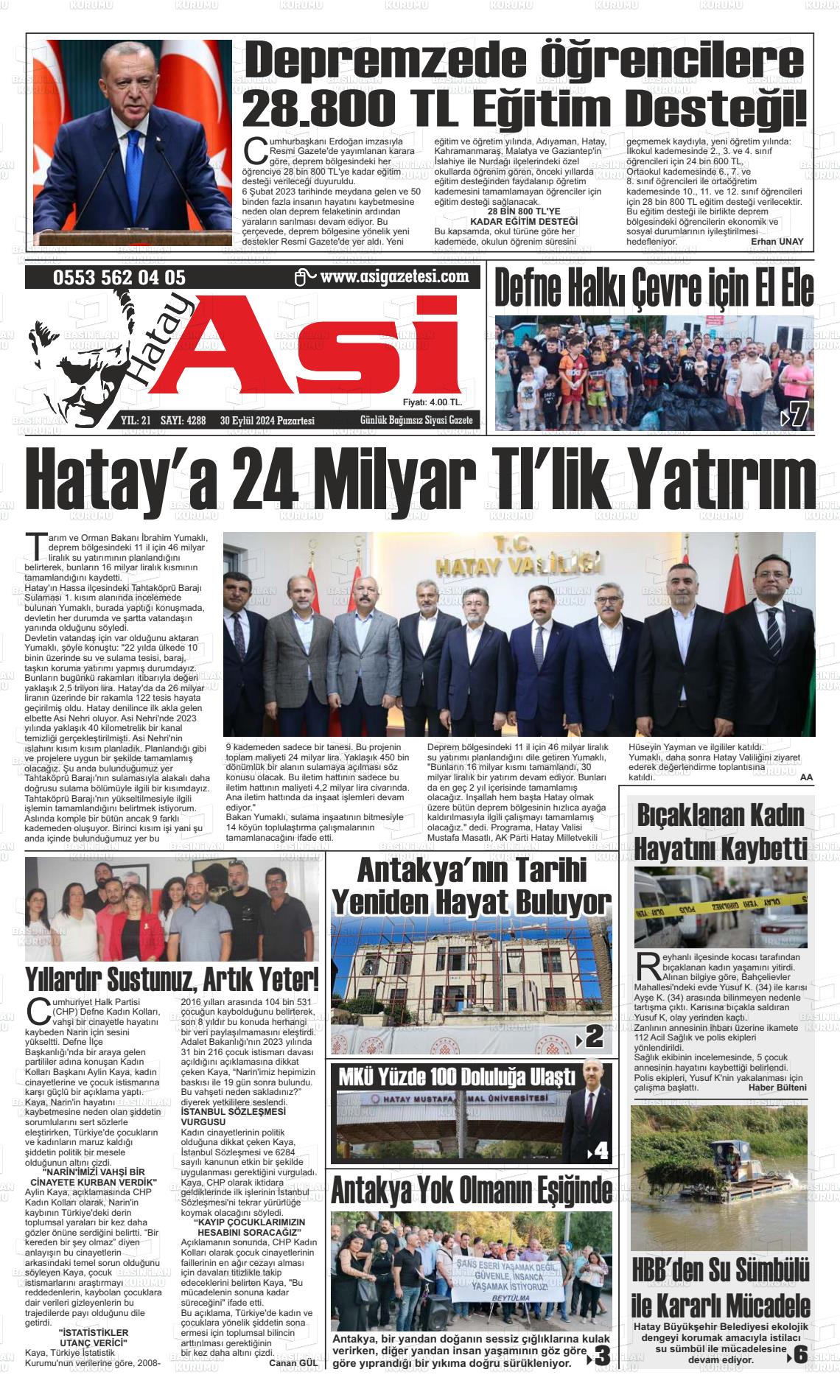 30 Eylül 2024 Asi  Hatay Asi Gazete Manşeti