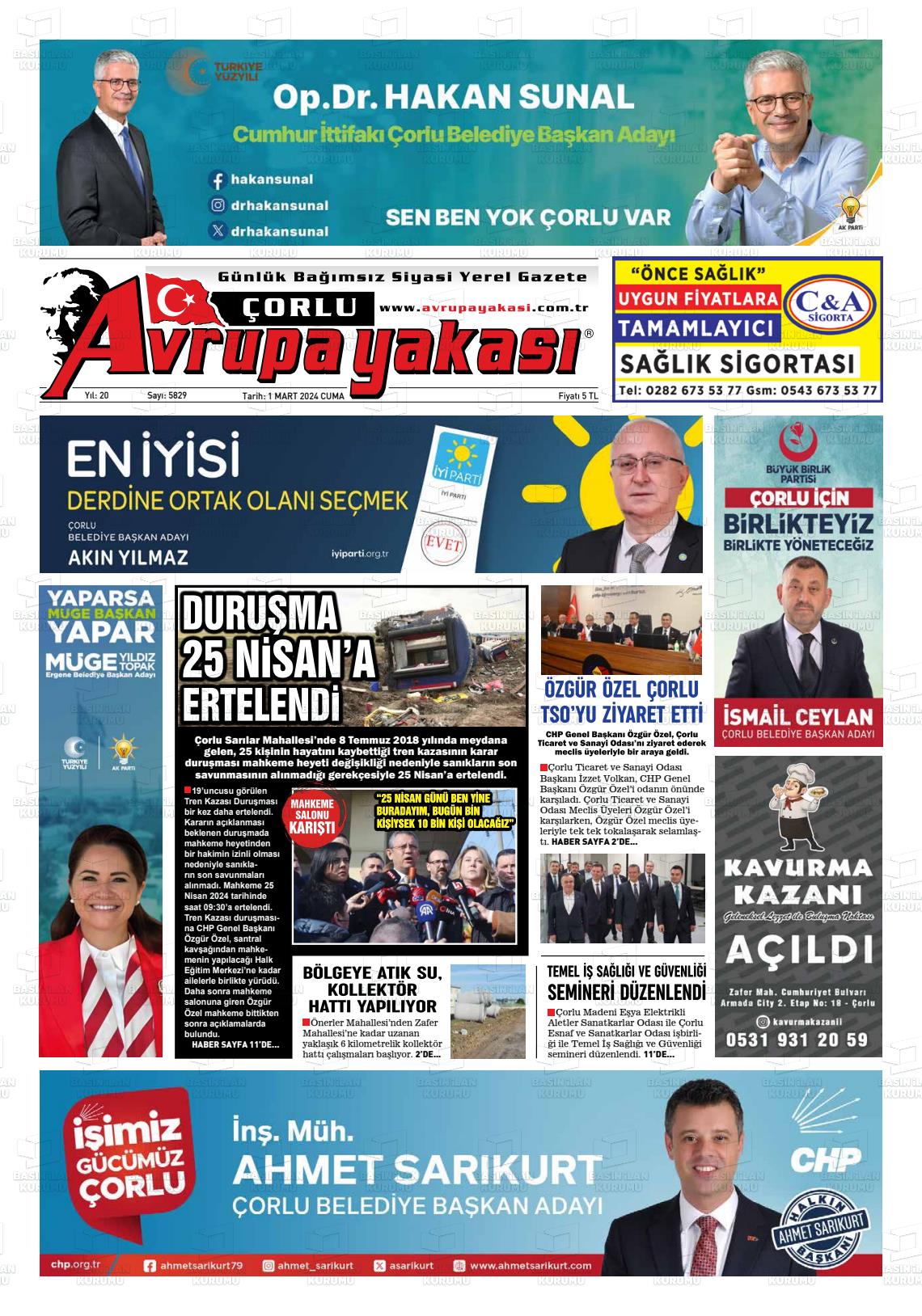 01 Mart 2024 Avrupa Yakasi Gazete Manşeti