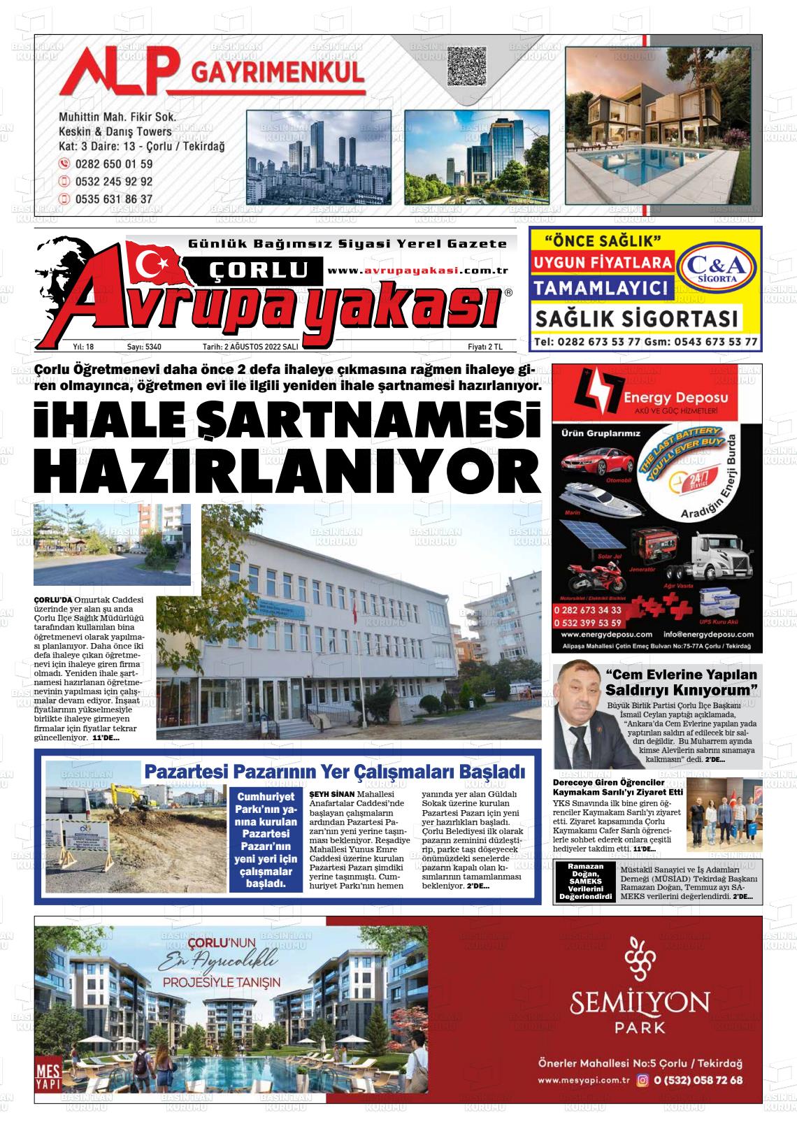 02 Ağustos 2022 Avrupa Yakasi Gazete Manşeti