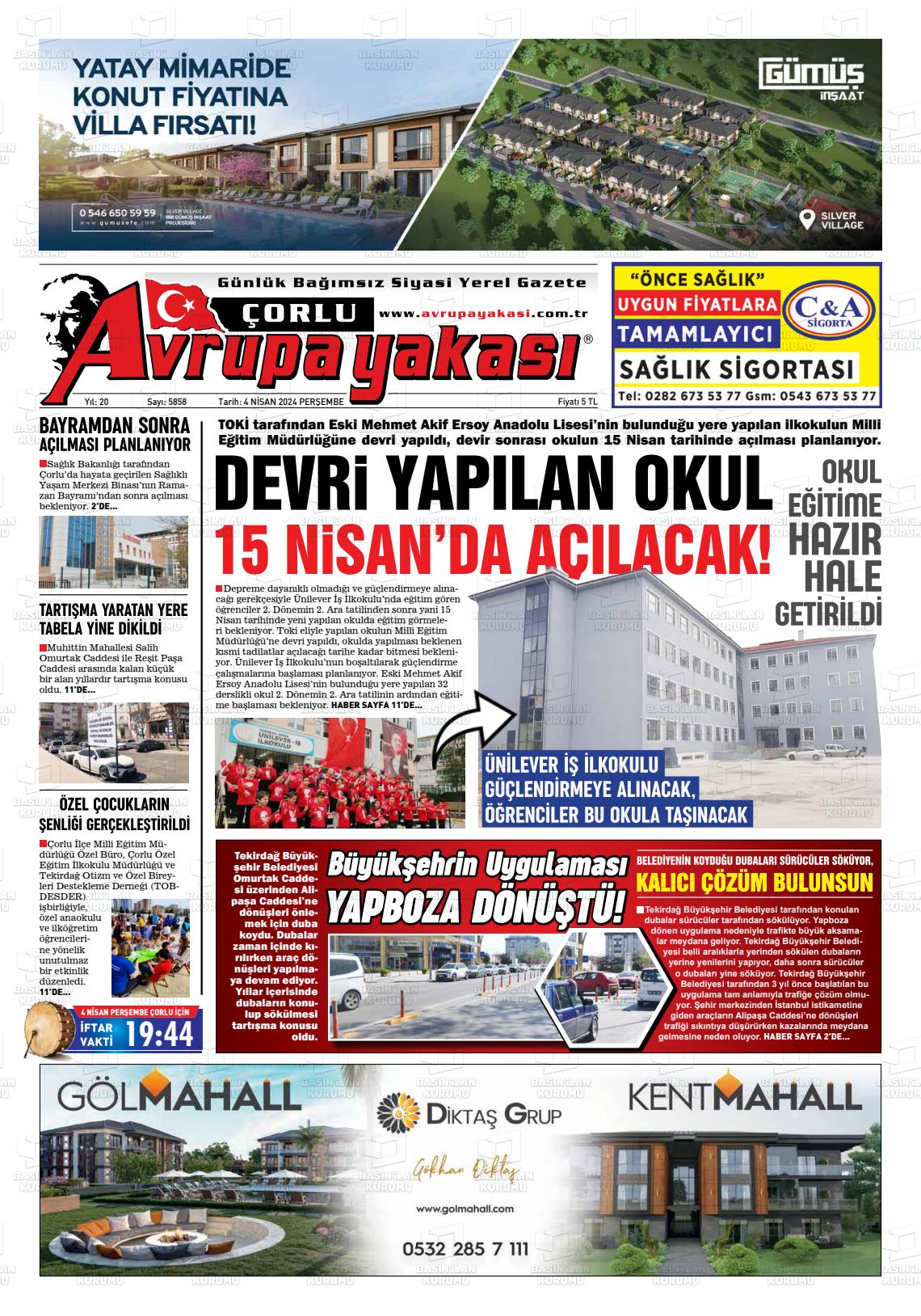 04 Nisan 2024 Avrupa Yakasi Gazete Manşeti