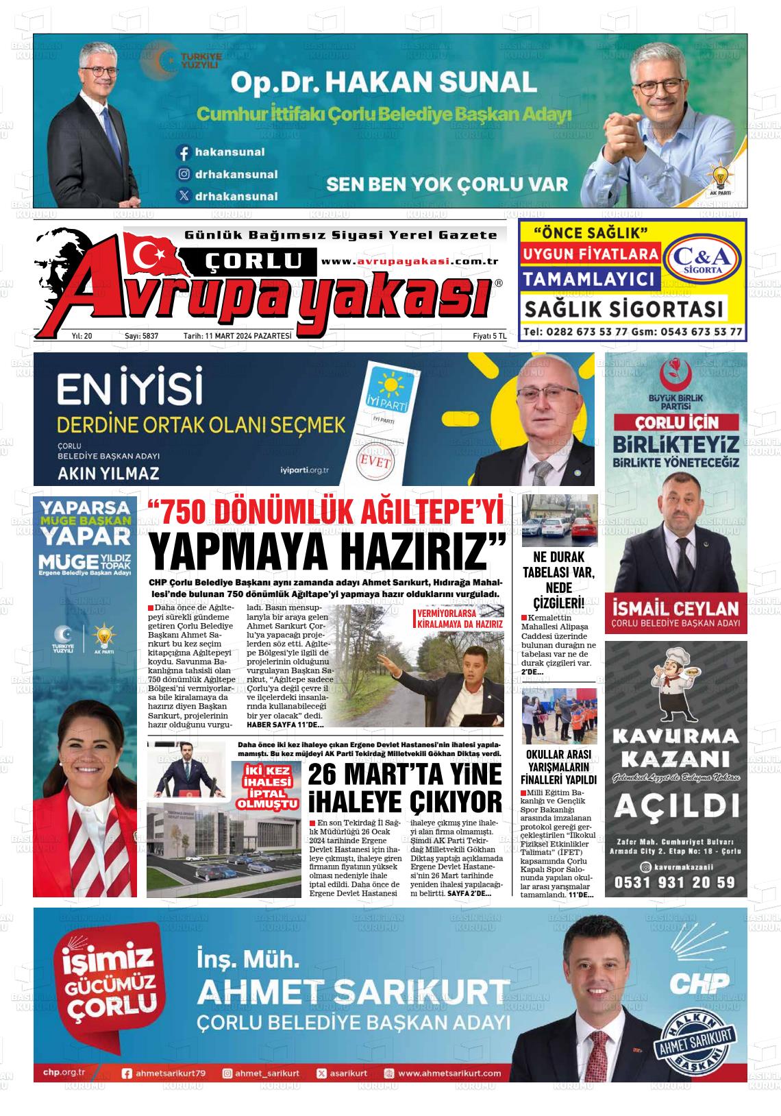 11 Mart 2024 Avrupa Yakasi Gazete Manşeti