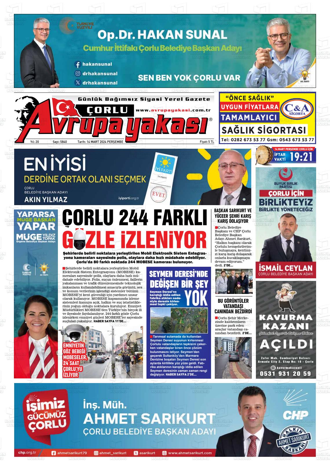 14 Mart 2024 Avrupa Yakasi Gazete Manşeti