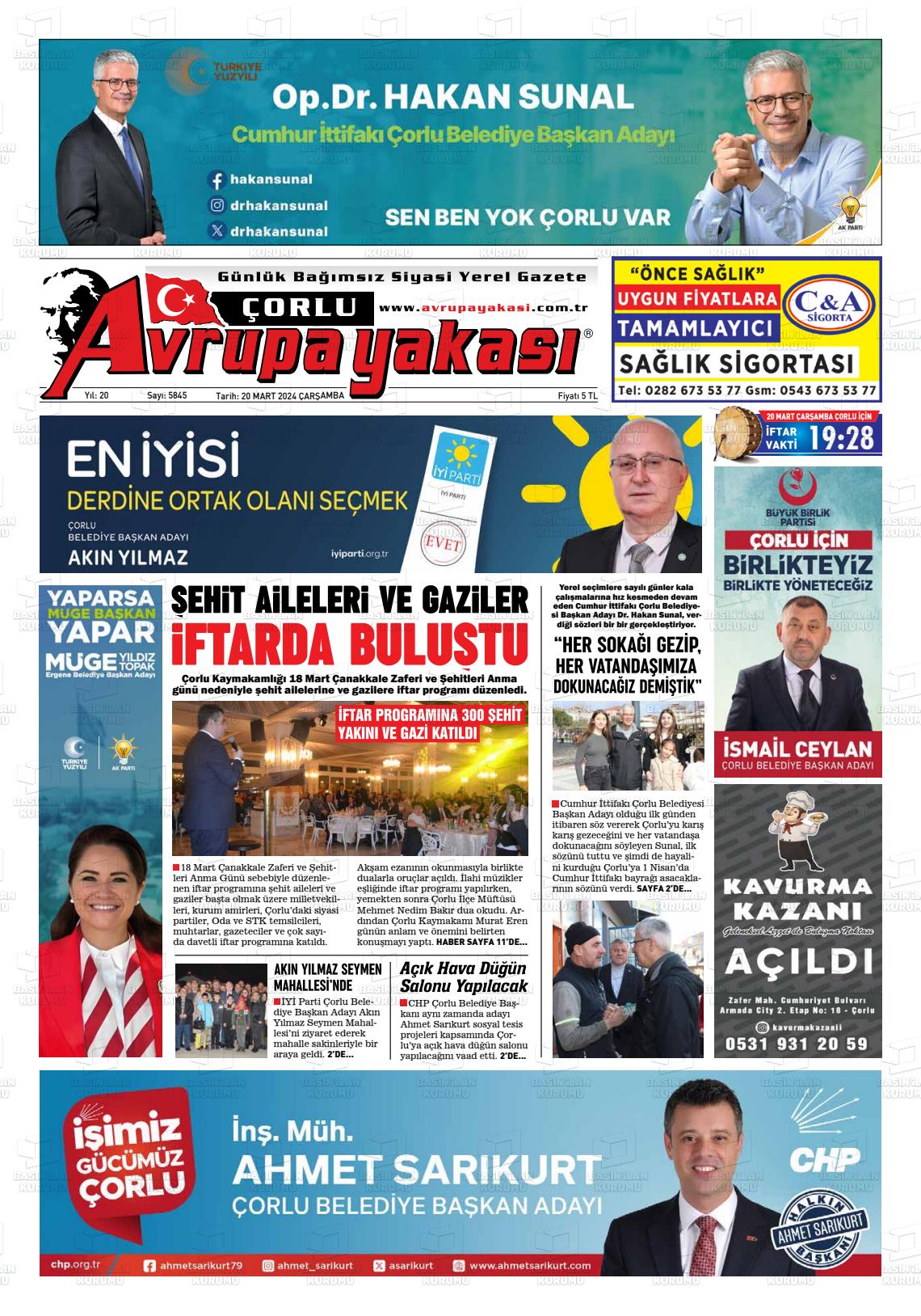 20 Mart 2024 Avrupa Yakasi Gazete Manşeti