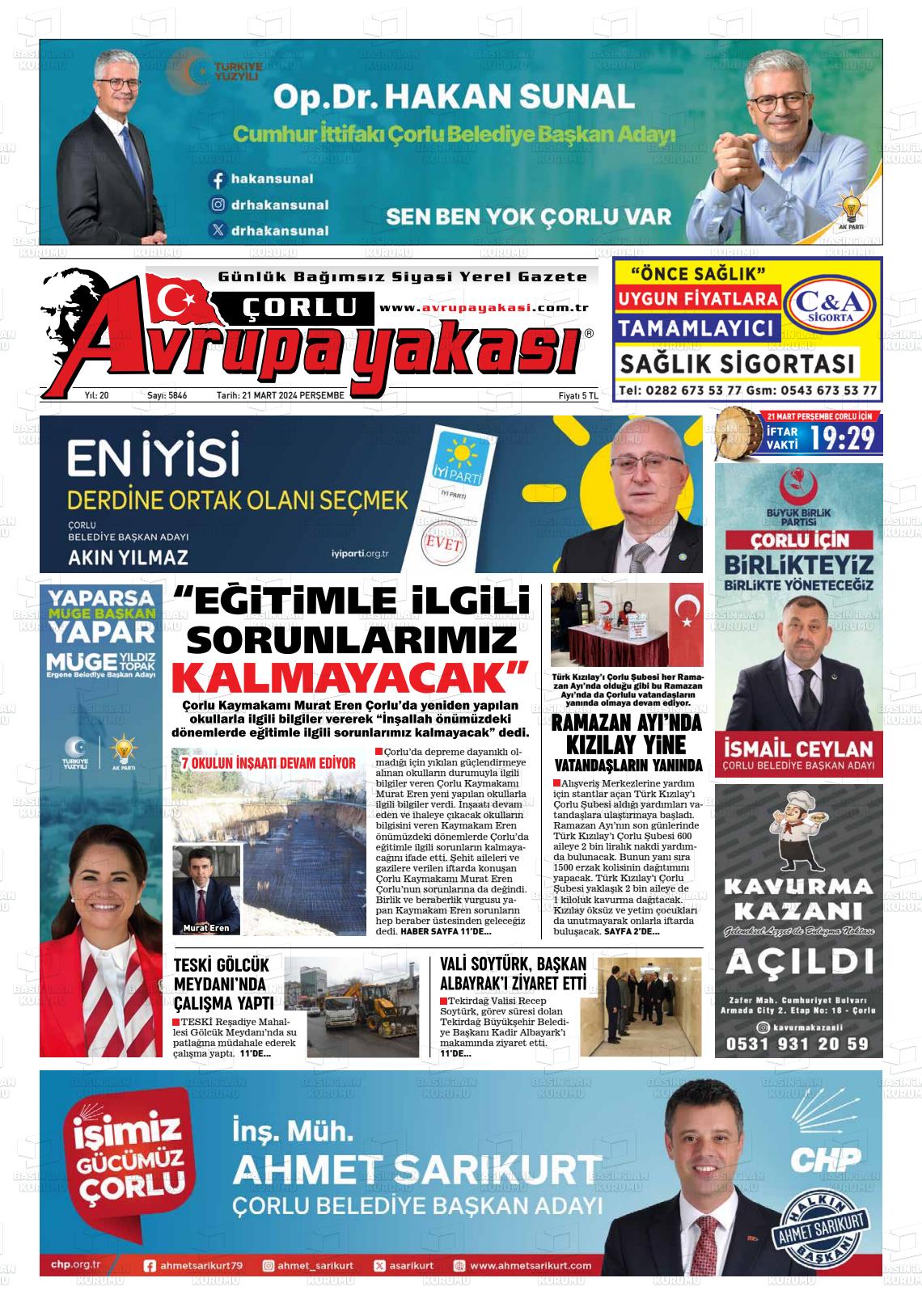 21 Mart 2024 Avrupa Yakasi Gazete Manşeti