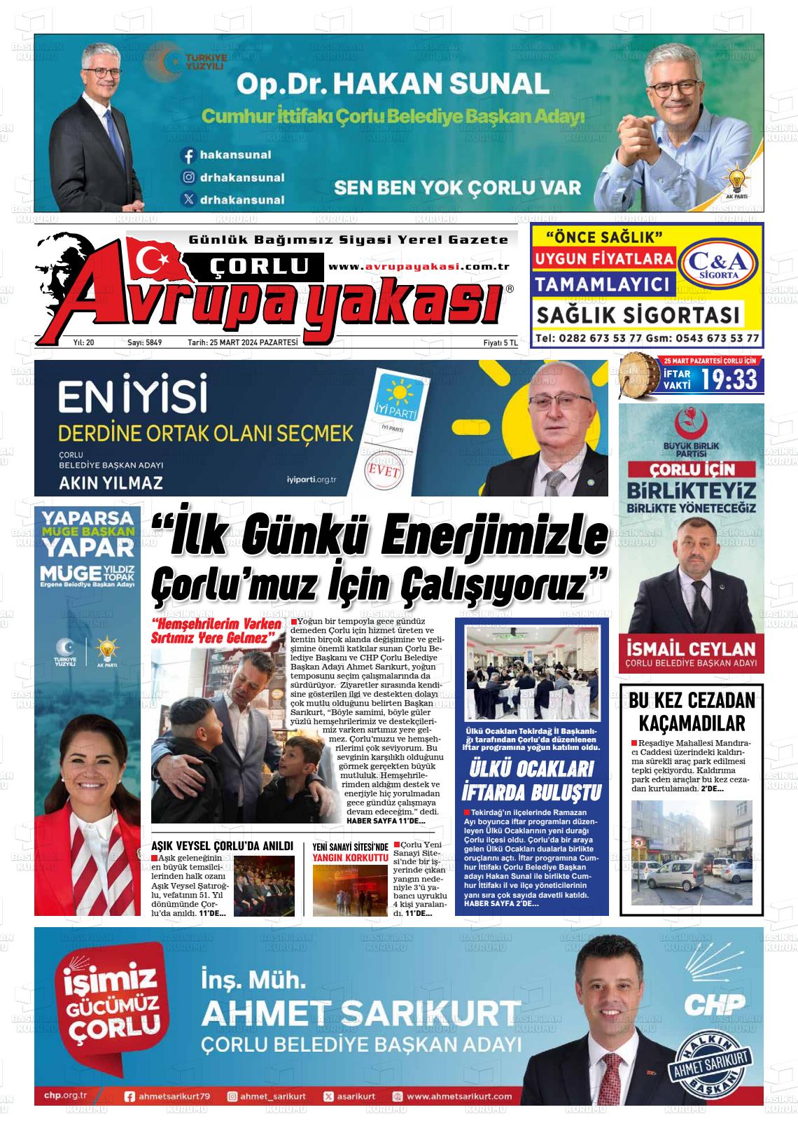 25 Mart 2024 Avrupa Yakasi Gazete Manşeti