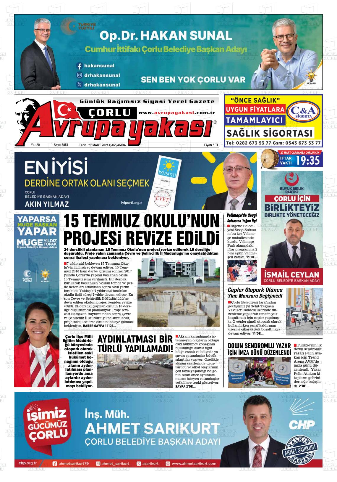 27 Mart 2024 Avrupa Yakasi Gazete Manşeti