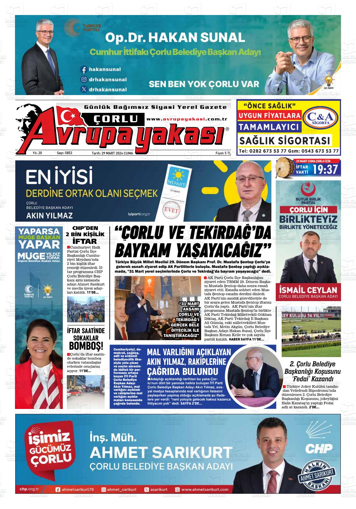 29 Mart 2024 Avrupa Yakasi Gazete Manşeti