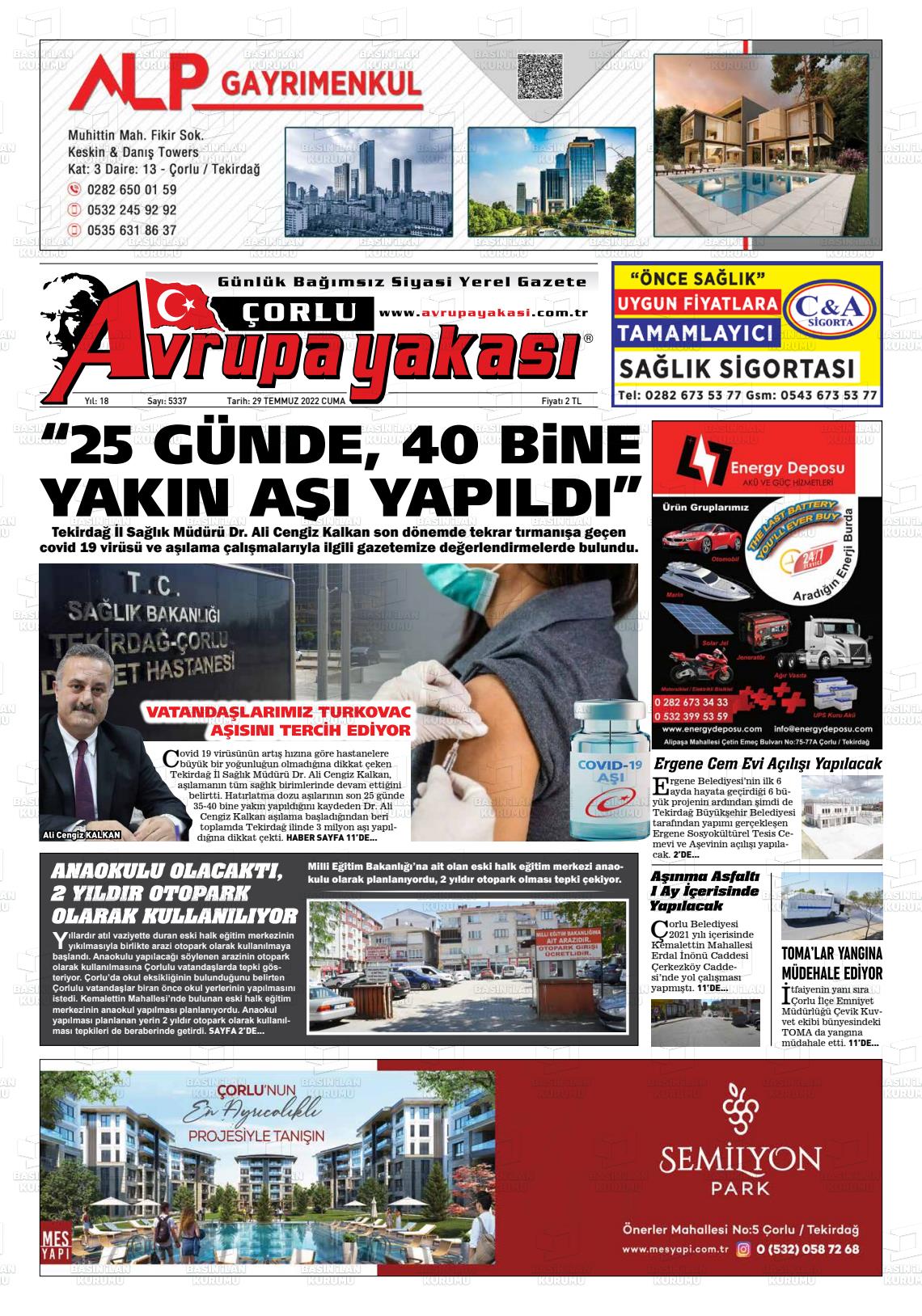 29 Temmuz 2022 Avrupa Yakasi Gazete Manşeti